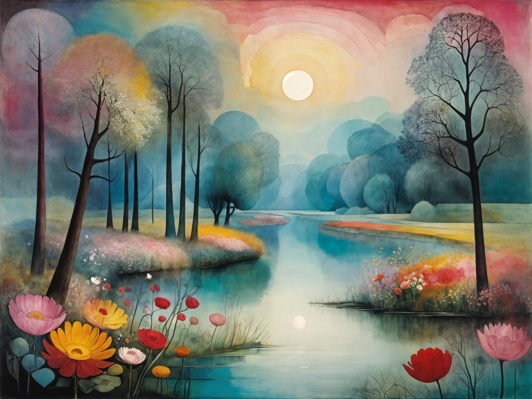 Vibrant Flower Landscape by a Tranquil River