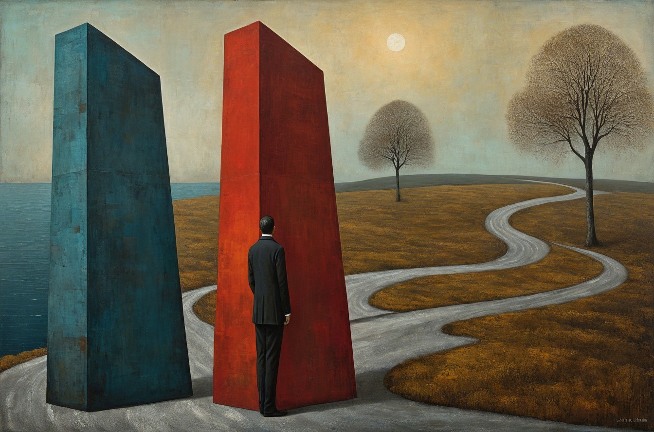 Surreal Scene with Cuboids and Moonlit Landscape