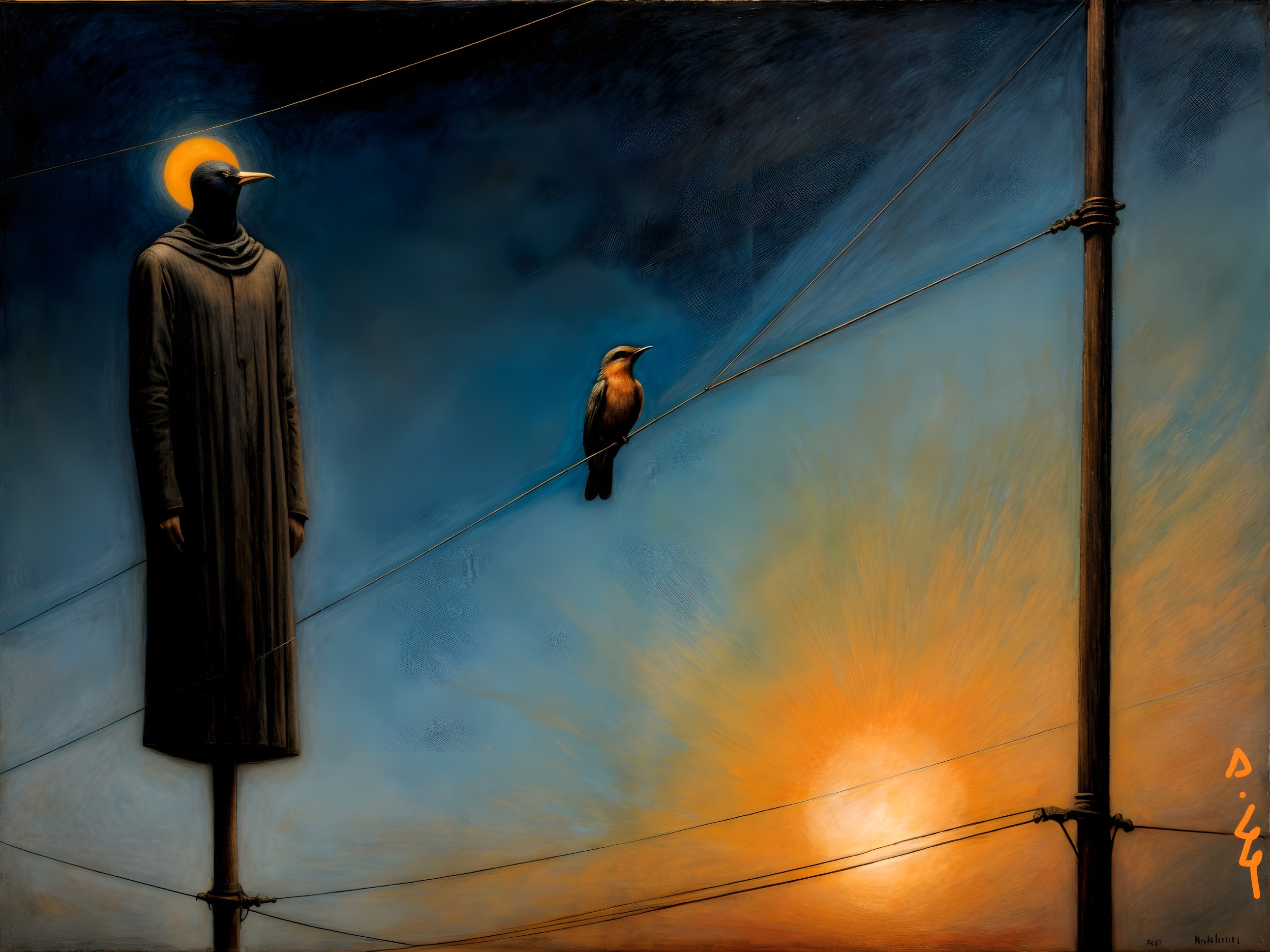 Surreal Landscape with Shadowy Figure and Vibrant Sky