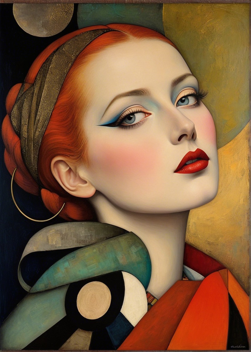 Stylized portrait of a woman with red hair and makeup