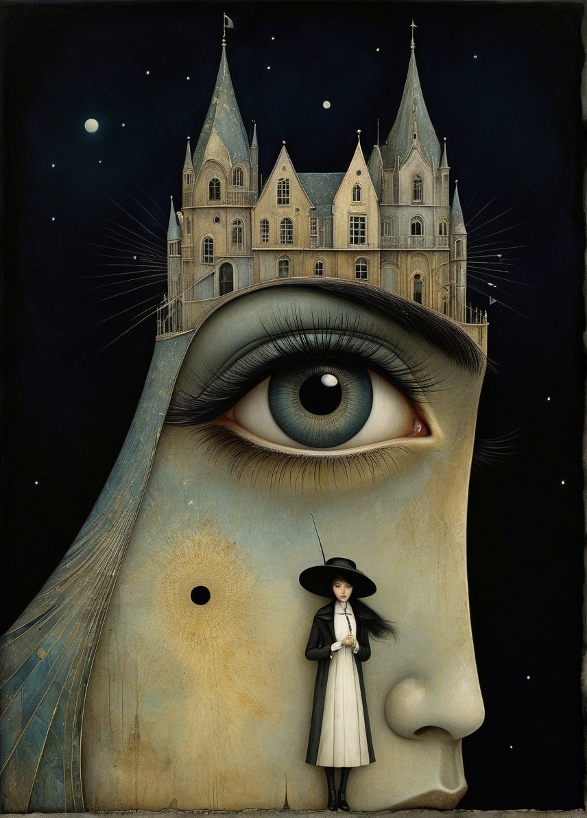 Surreal Illustration of Eye and Castle on Female Figure
