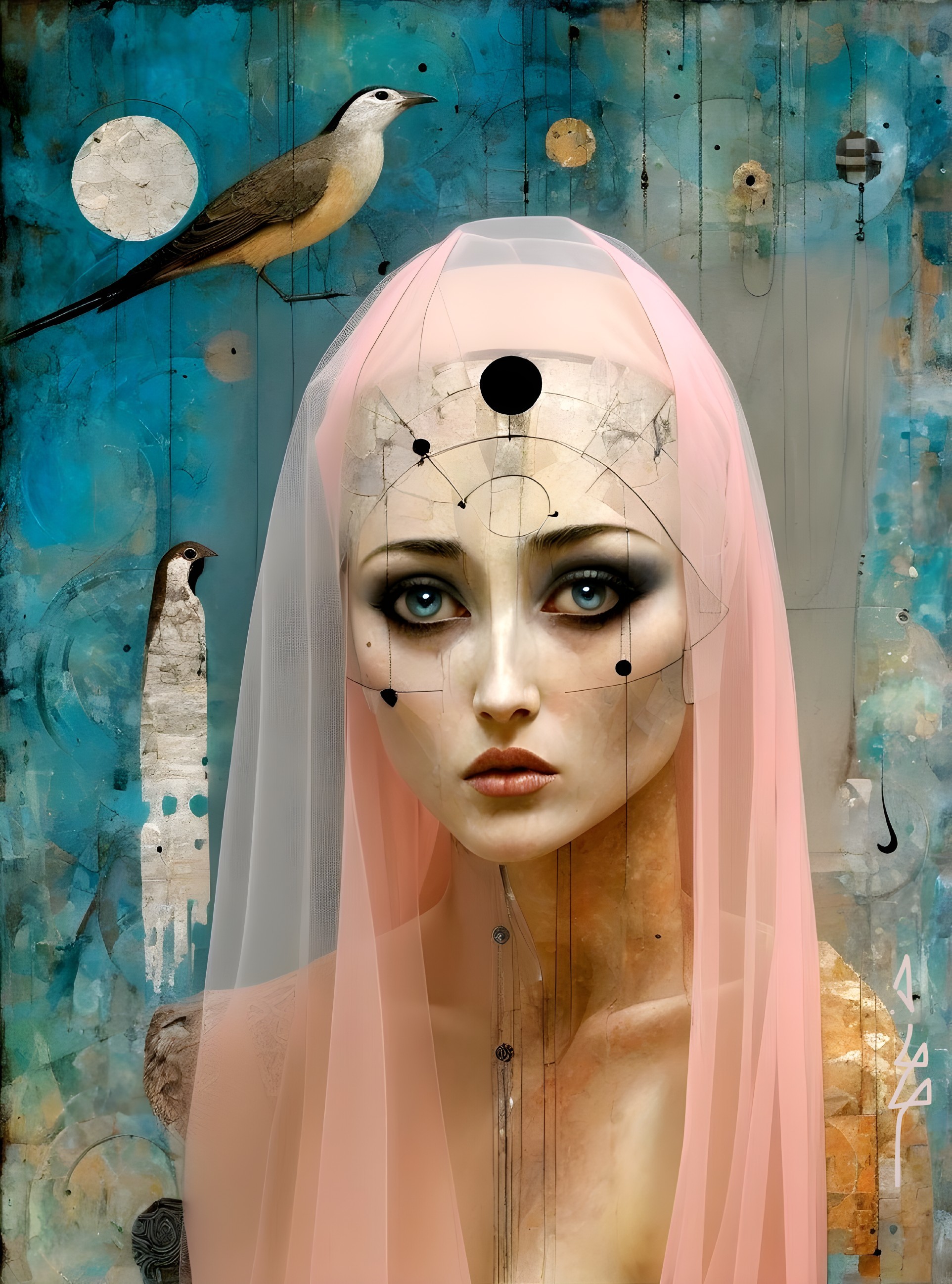Surreal Portrait of a Woman with Veil and Bird