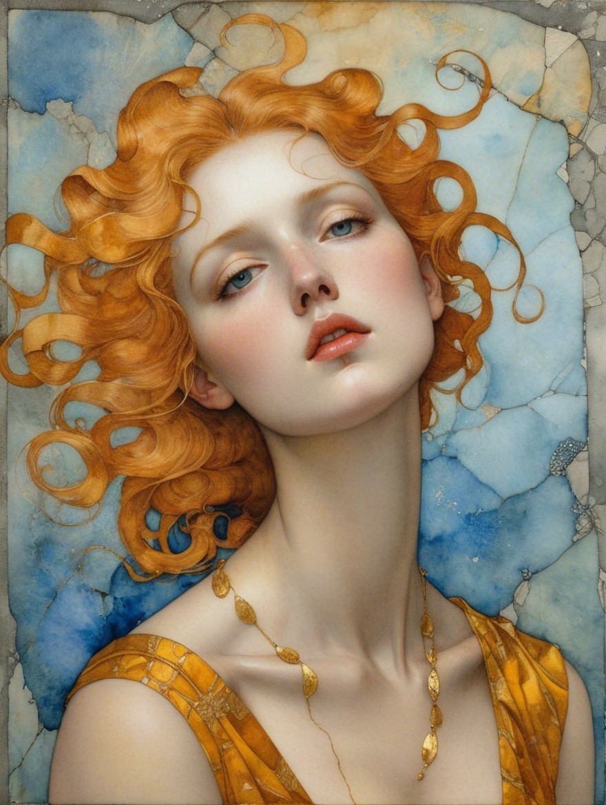 Young Woman with Red Hair in Golden-Yellow Dress