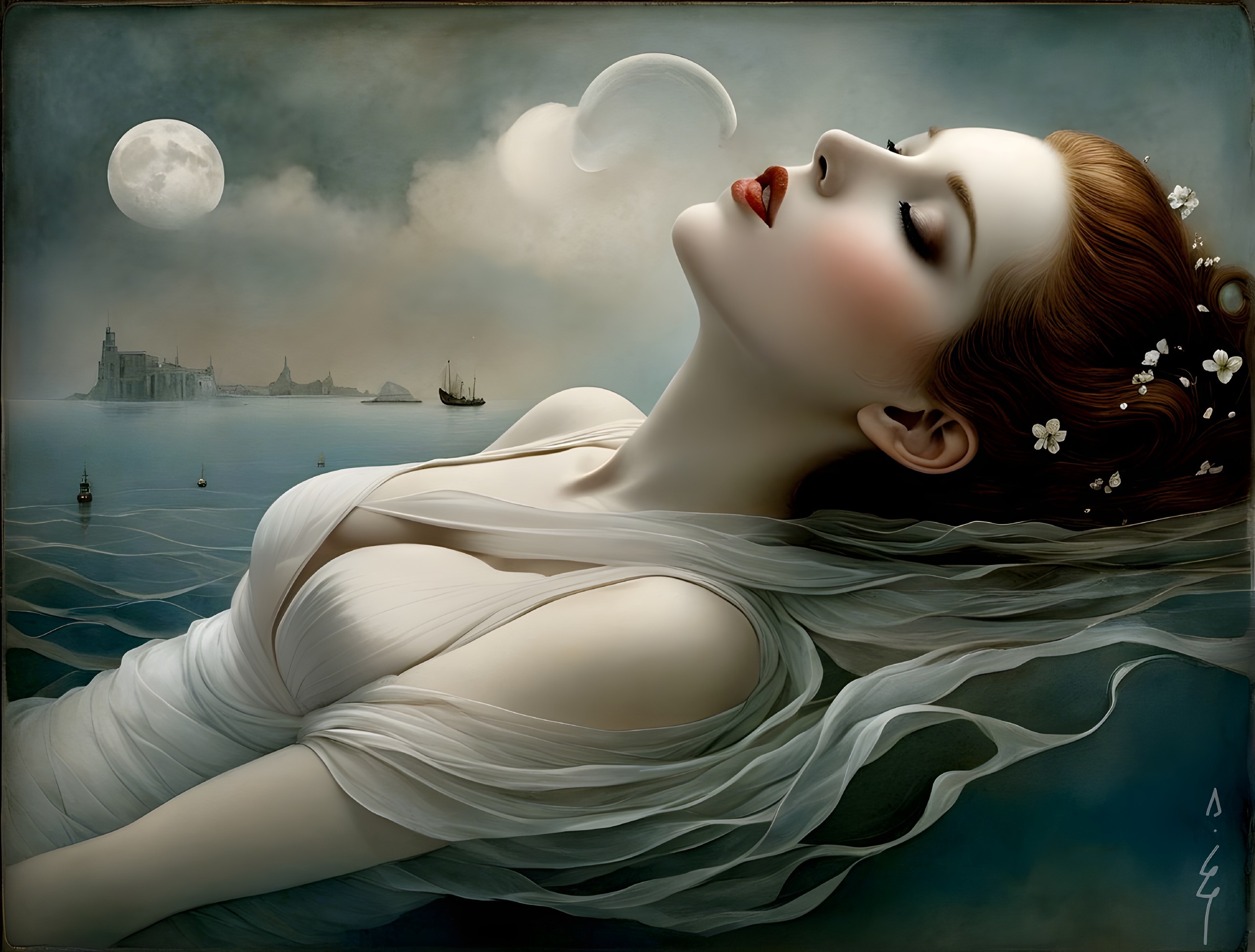 Serene Woman in White Gown on Moonlit Water