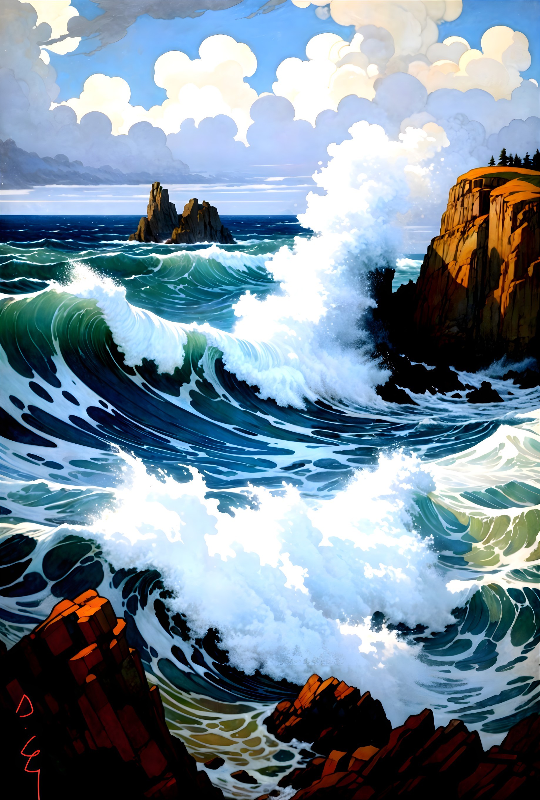 Dynamic Seascape with Waves and Rugged Cliffs
