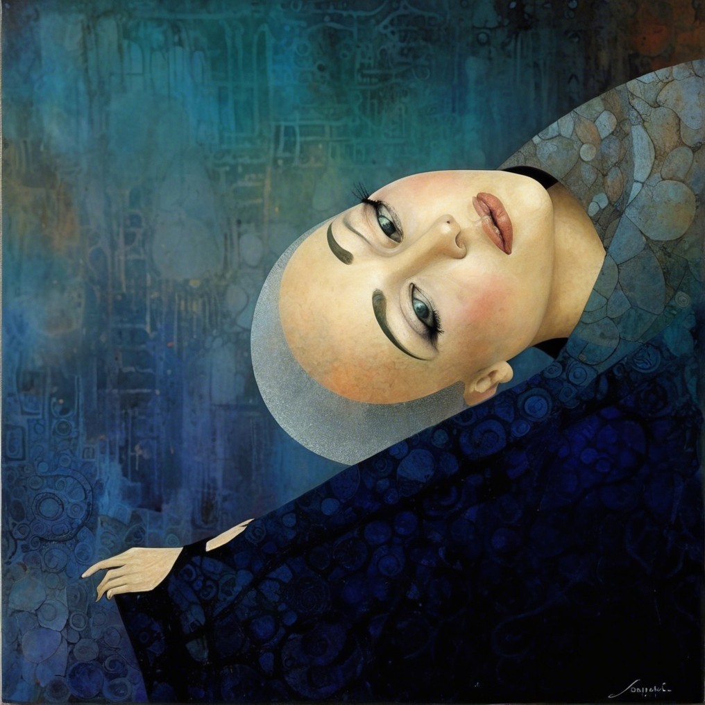 Portrait of a woman with a bald head and expressive eyes