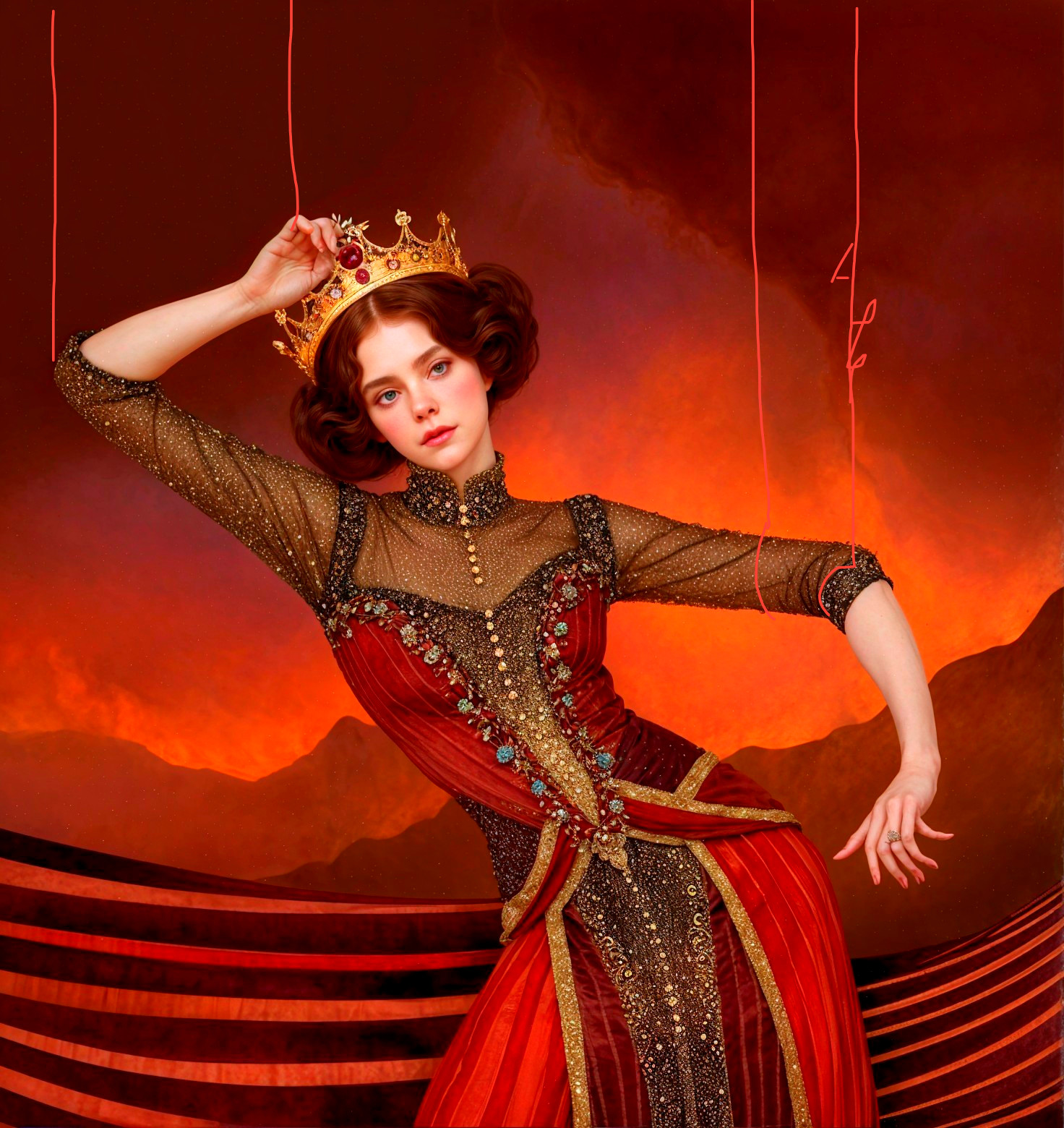 Regal figure in vibrant gown against dramatic backdrop