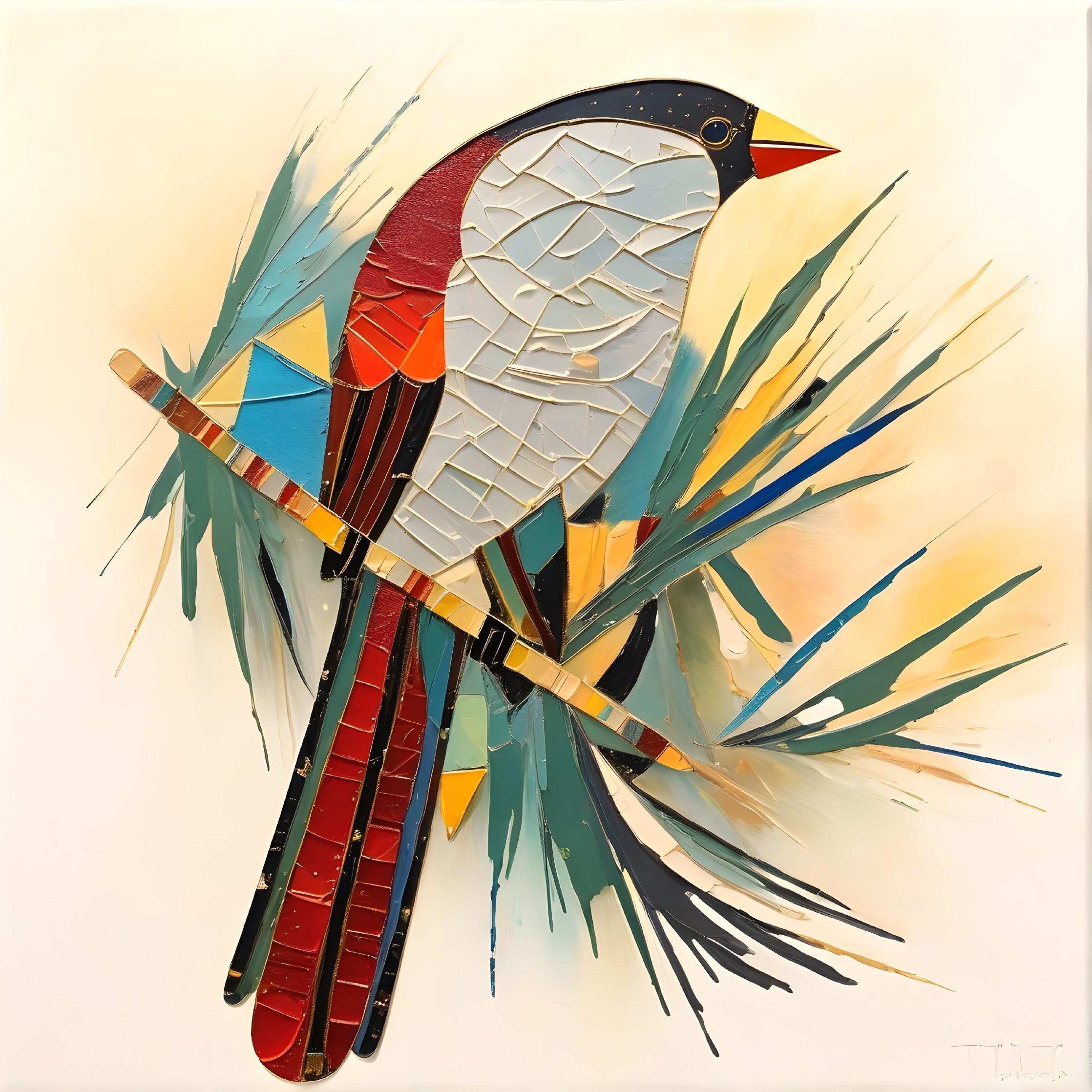 Vibrant Mosaic Artwork of Colorful Bird and Branch