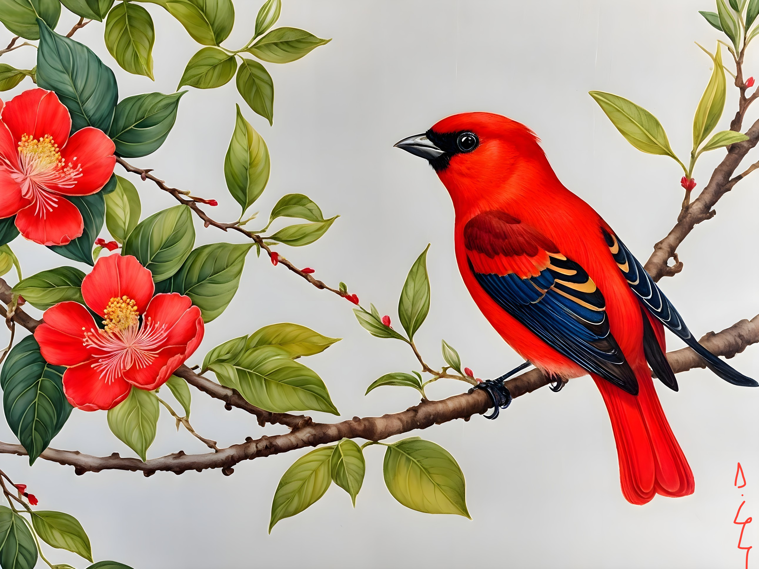 Vibrant red bird on branch with lush green foliage