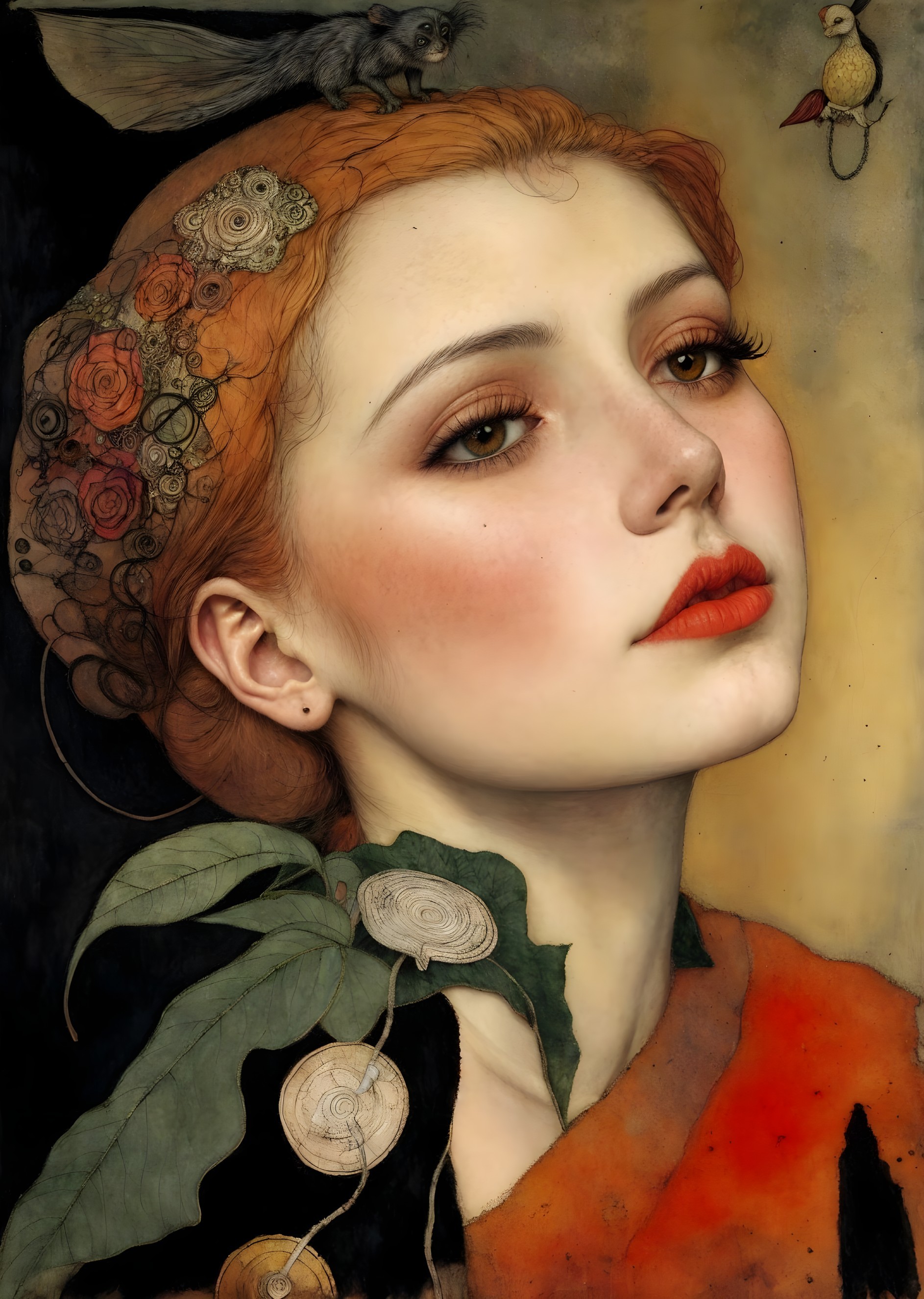 Young Woman with Red Hair and Floral Elements
