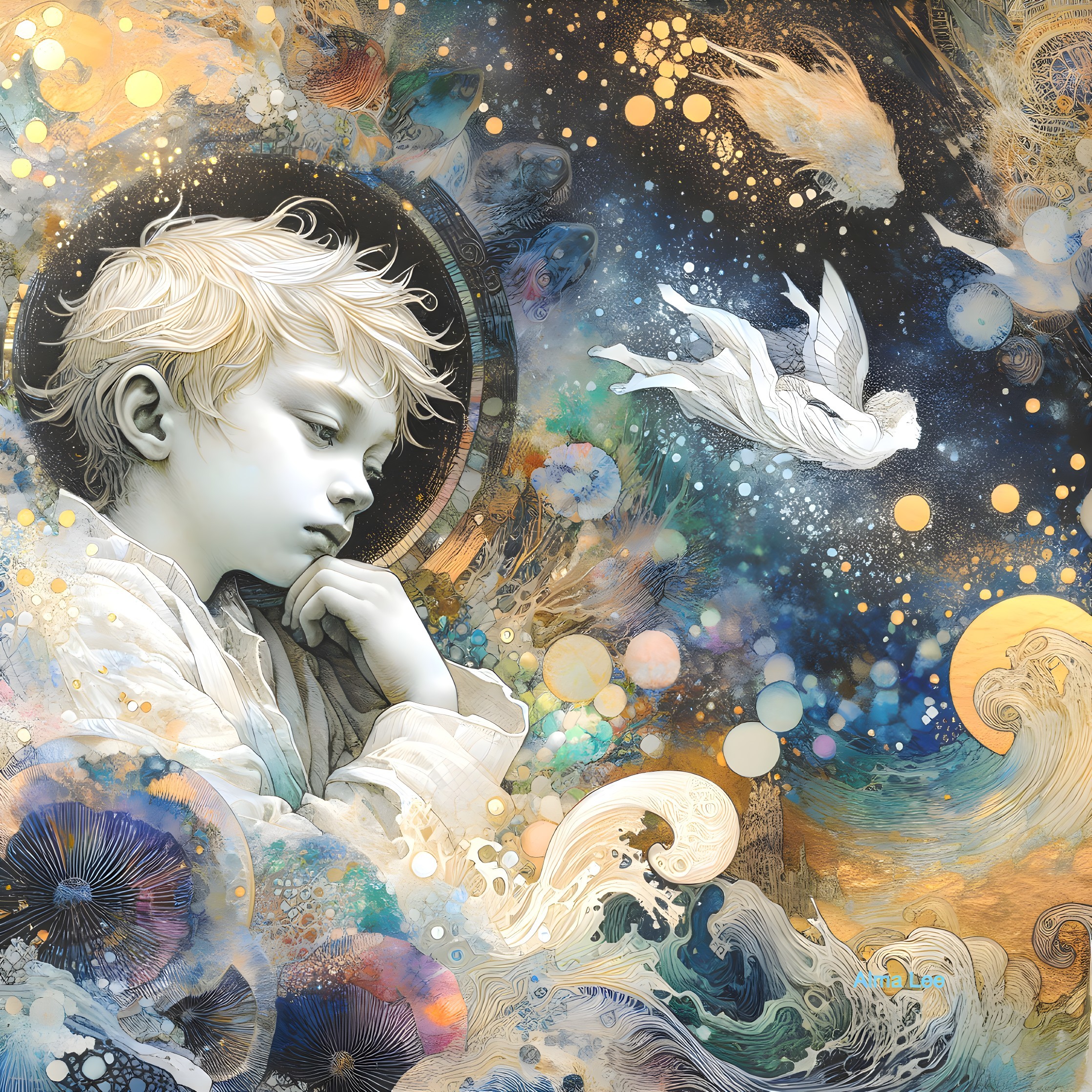Contemplative Child in a Vibrant Cosmic Scene