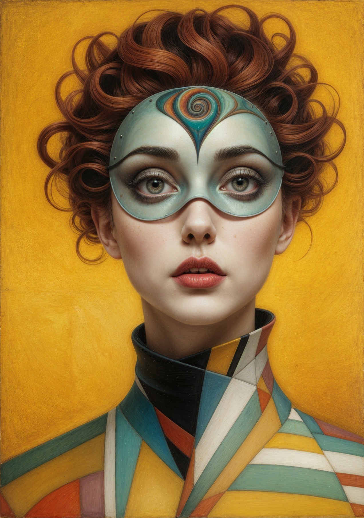 Woman in Artistic Mask Against Vibrant Yellow Background