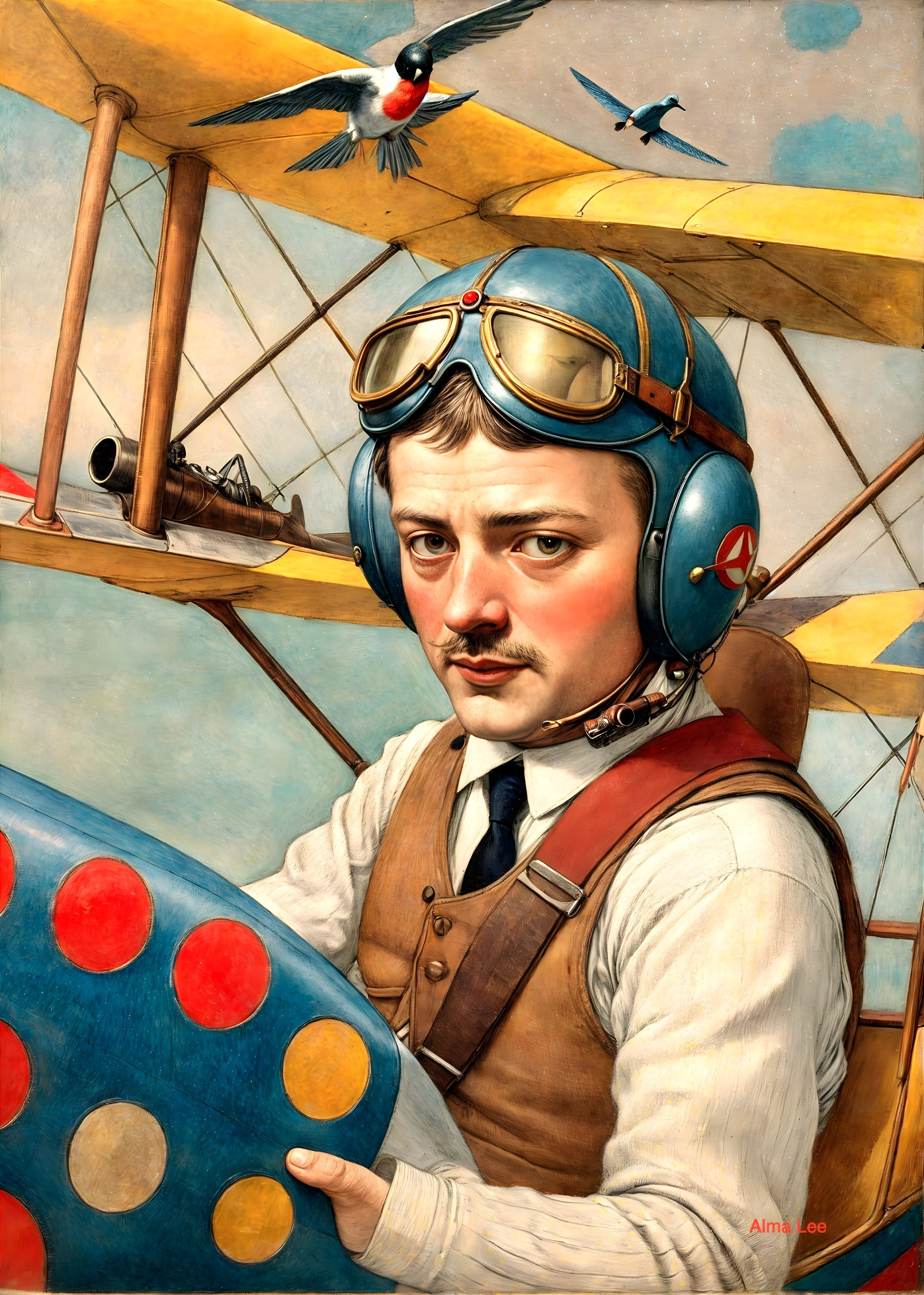 Vintage Aviator Portrait in Biplane with Polka Dots
