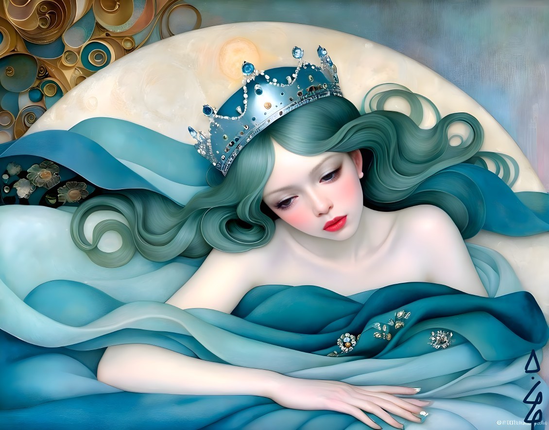 Serene Young Woman in Aqua Fabrics and Silver Crown