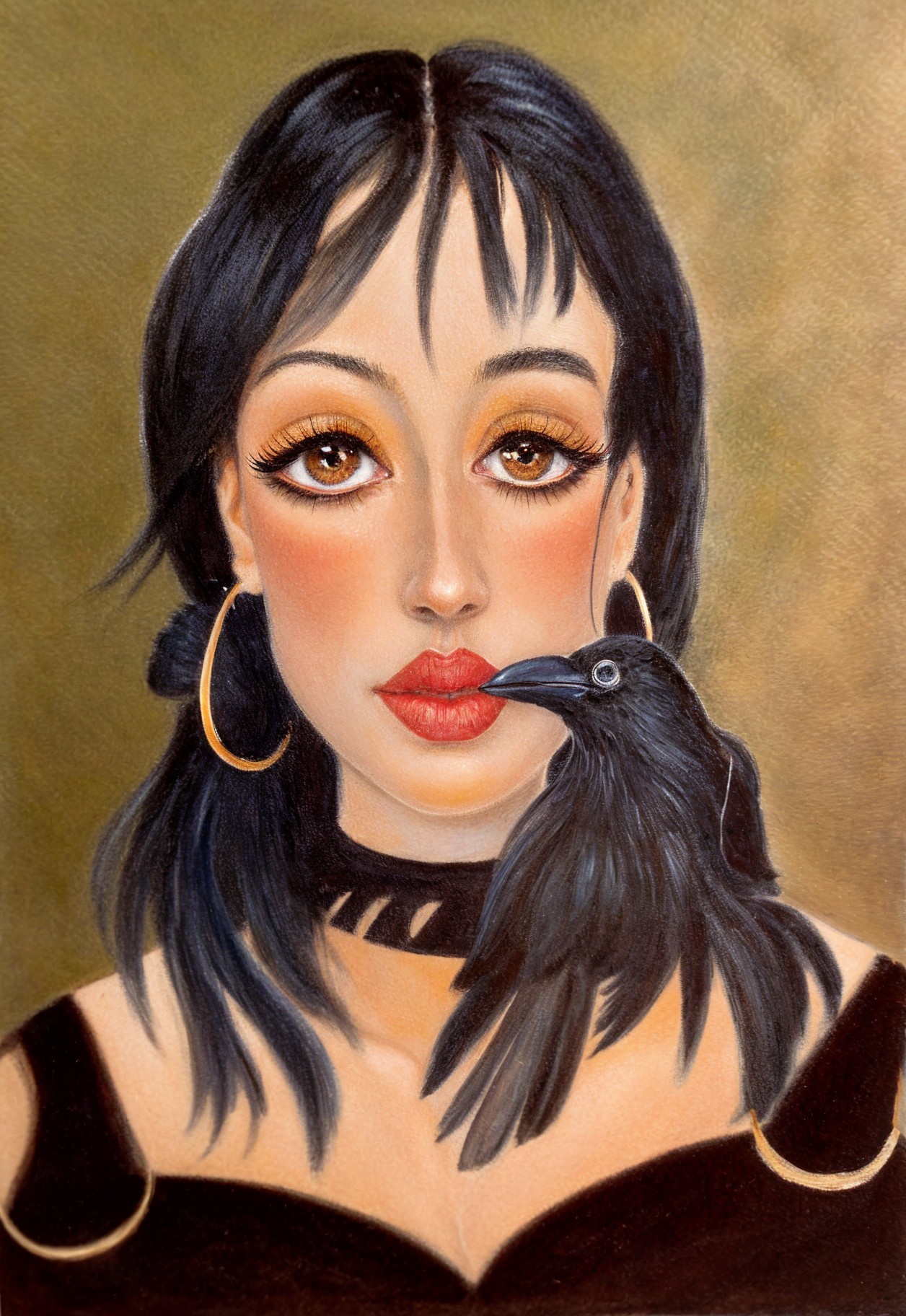 Portrait of a Woman with Raven and Bold Makeup