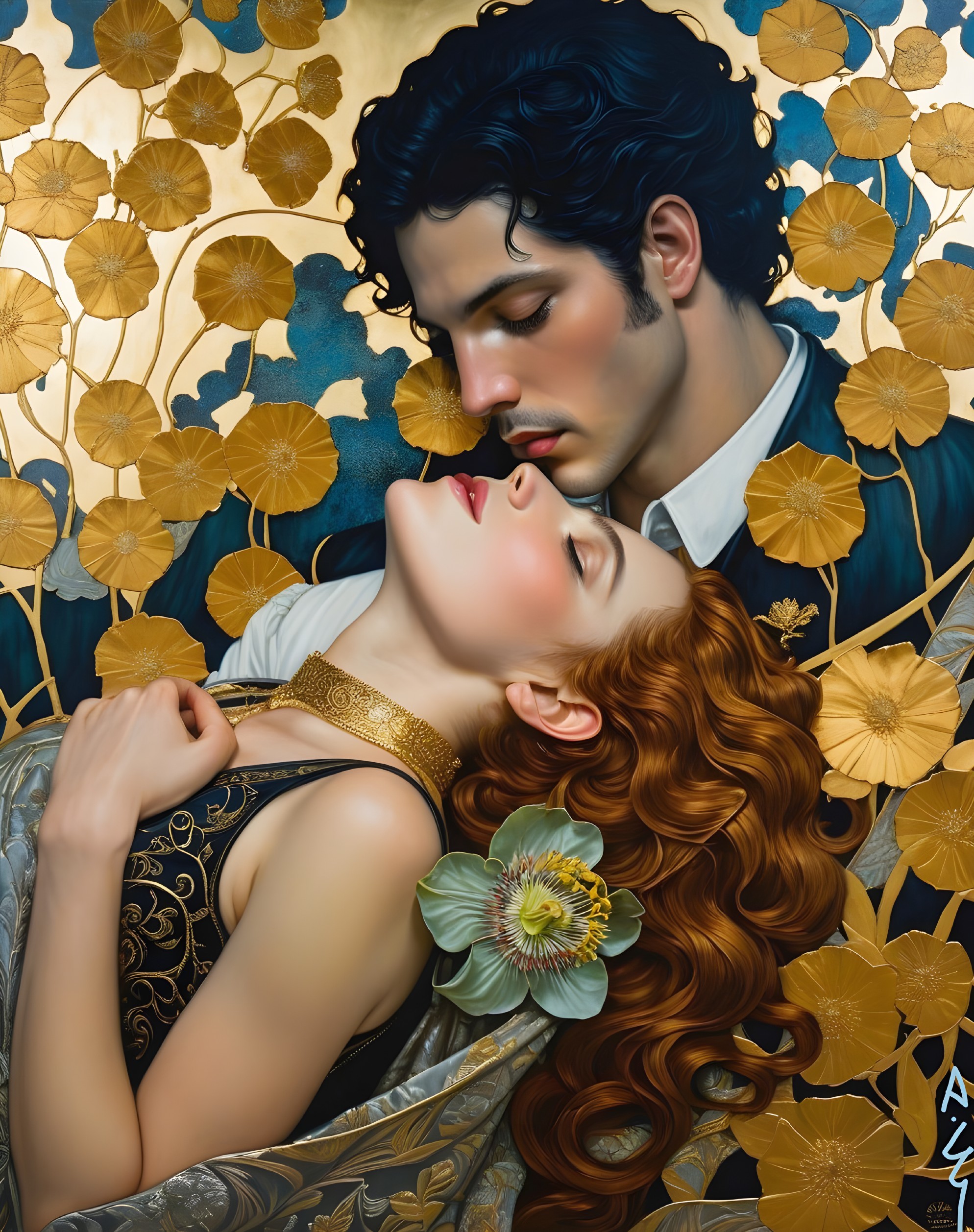 Romantic Couple Embrace Surrounded by Golden Leaves