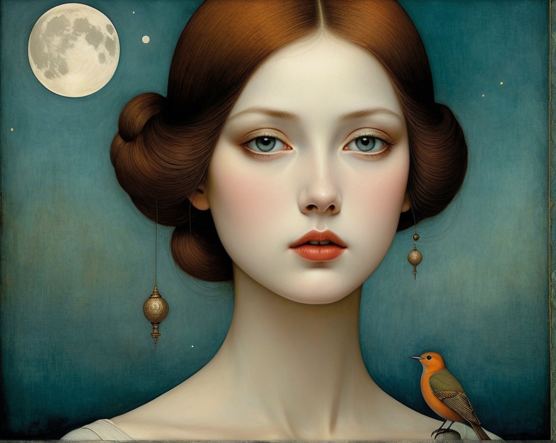 Portrait of a Young Woman with a Golden Bird and Moon