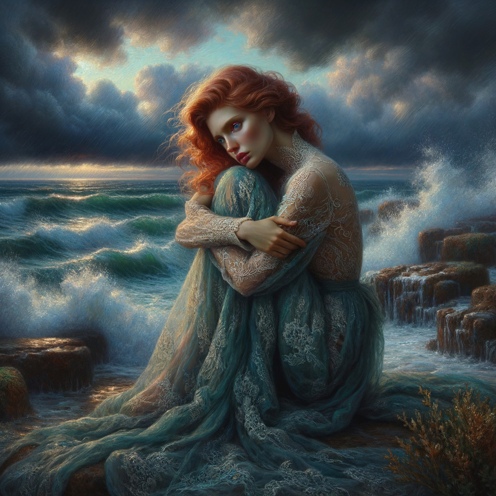 Melancholic Figure on Rocky Shoreline with Dark Clouds