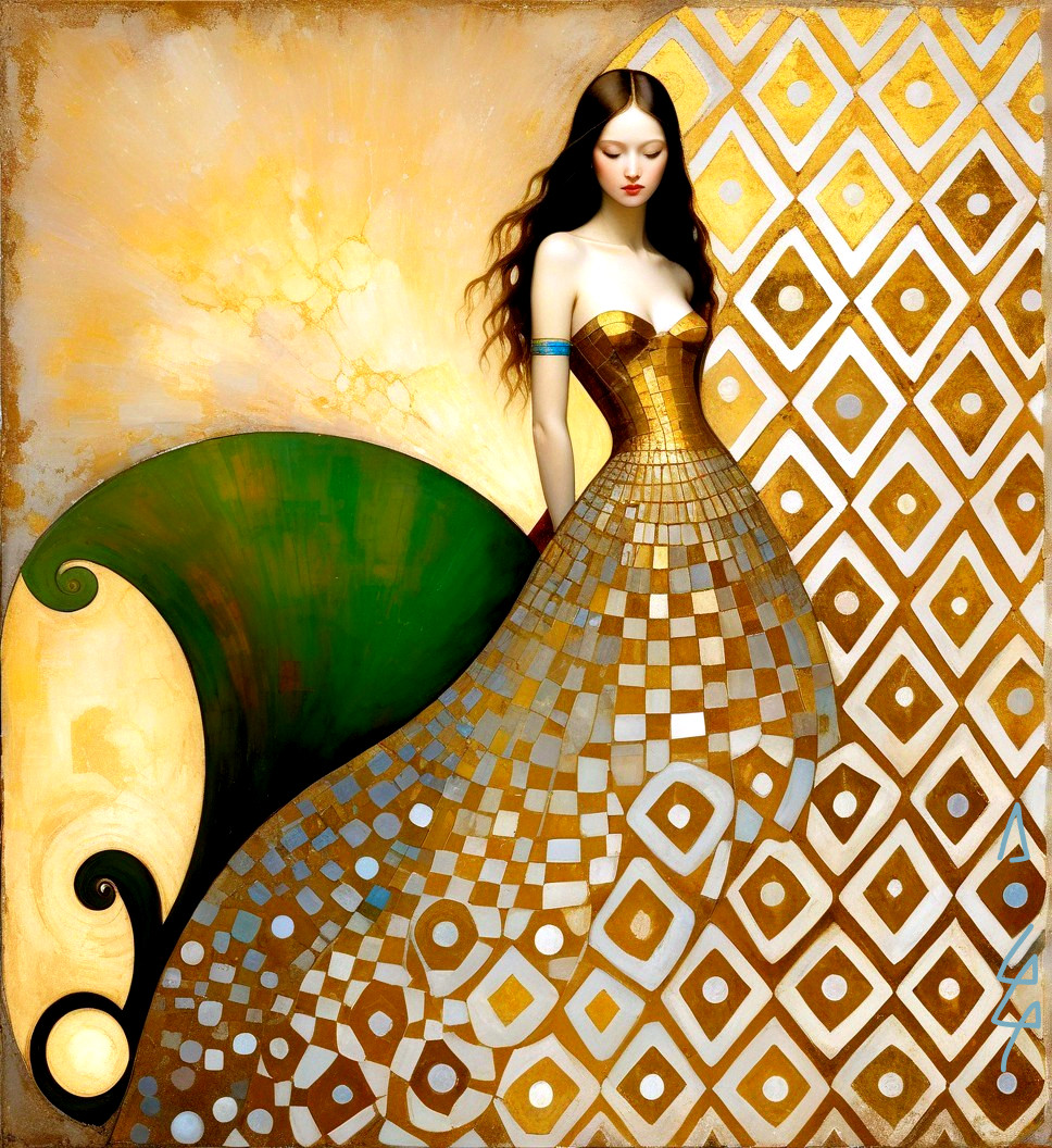 Gold Gown with Checkerboard Pattern and Green Tail