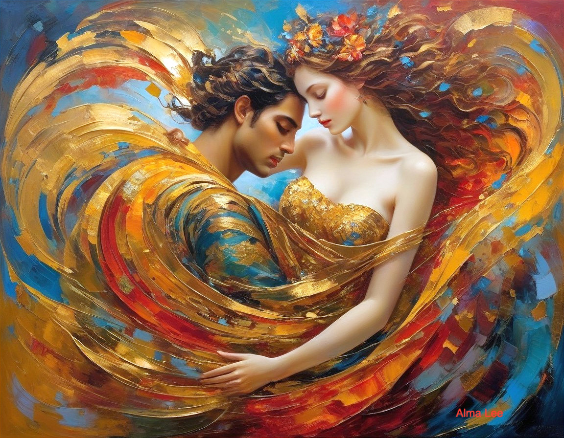 Abstract Painting of Embracing Couple in Vibrant Colors
