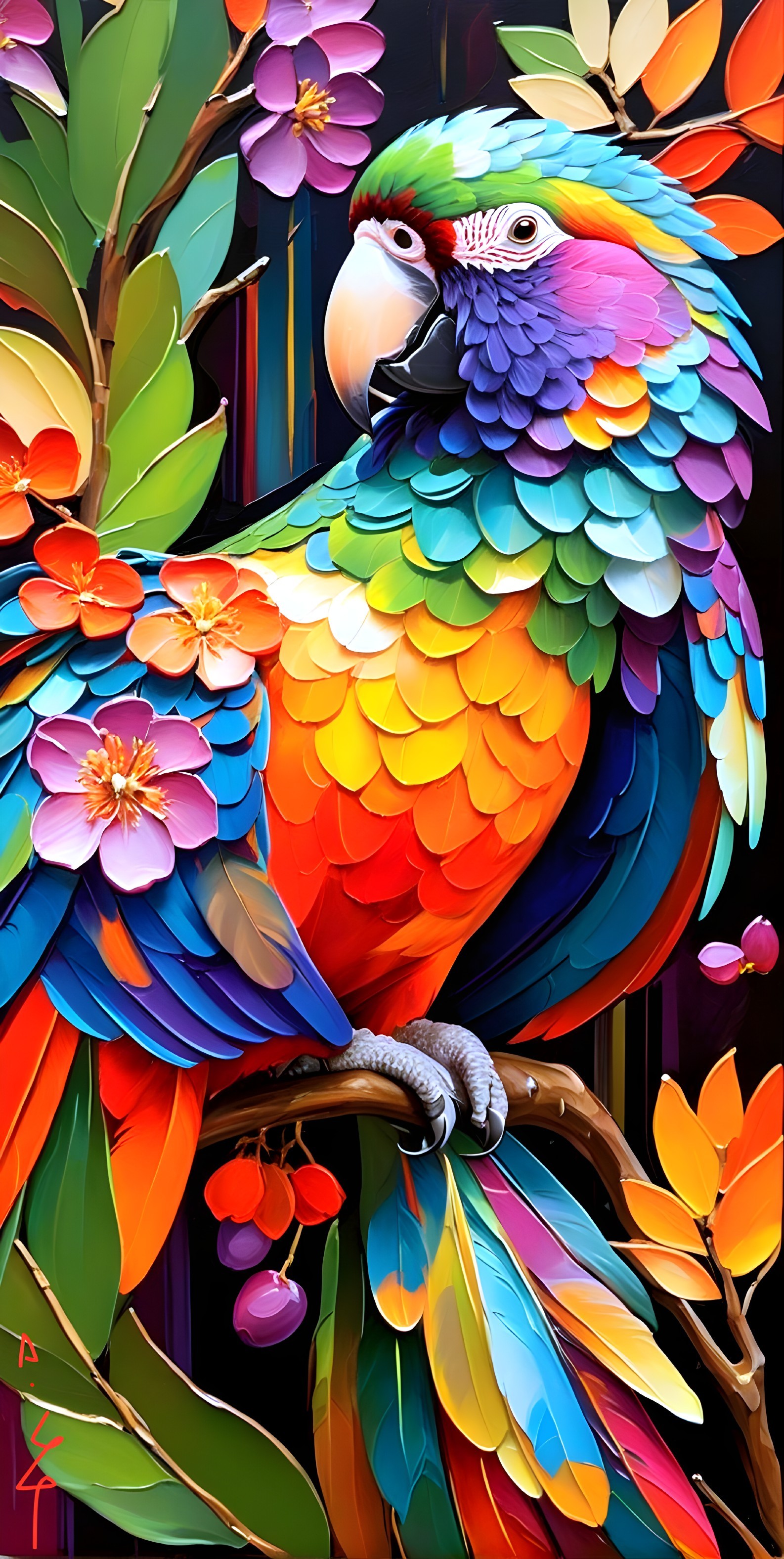 Vibrant Parrot on Colorful Branch in Tropical Setting