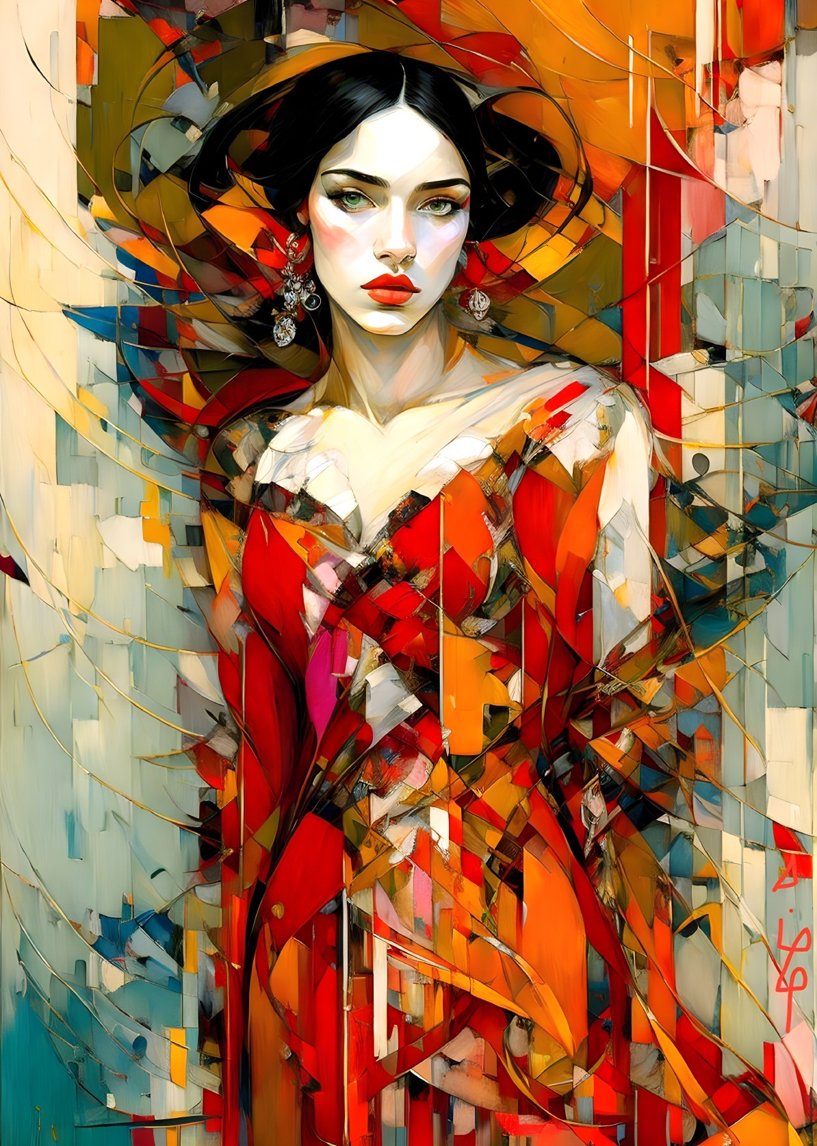 Abstract Portrait of Woman in Red Gown with Geometry