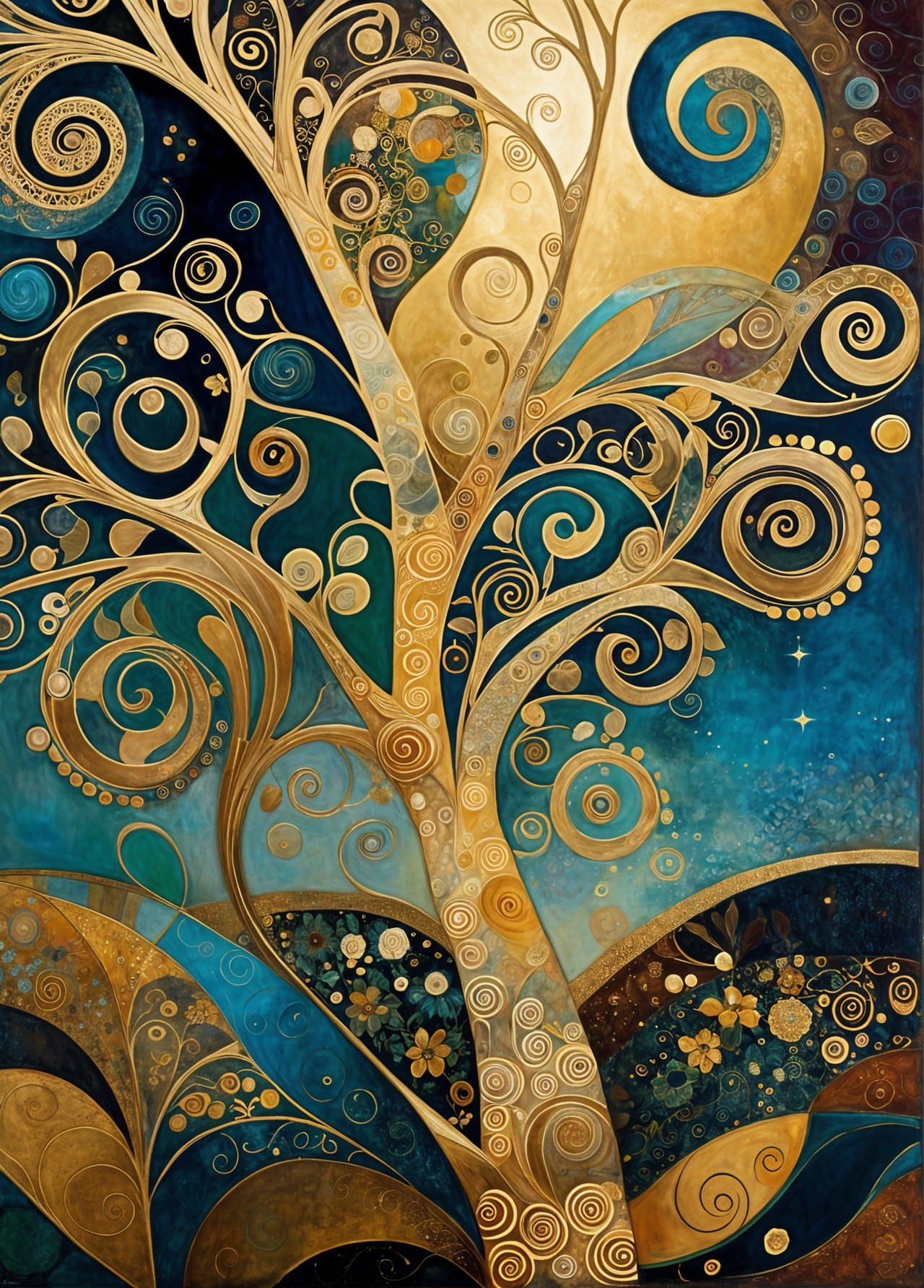 Vibrant Artwork of a Stylized Tree with Golden Branches