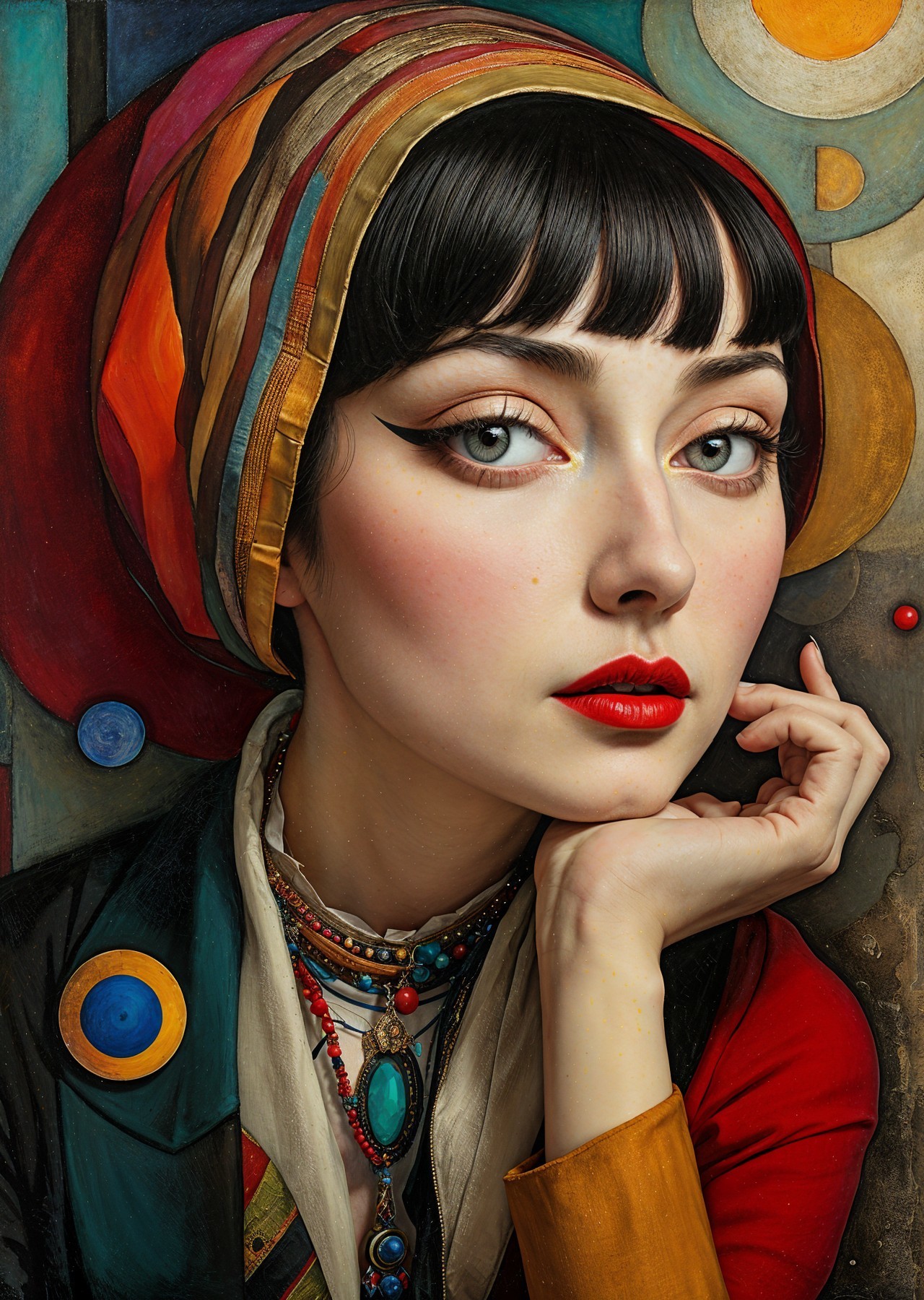 Portrait of a Young Woman with Bold Makeup and Scarf