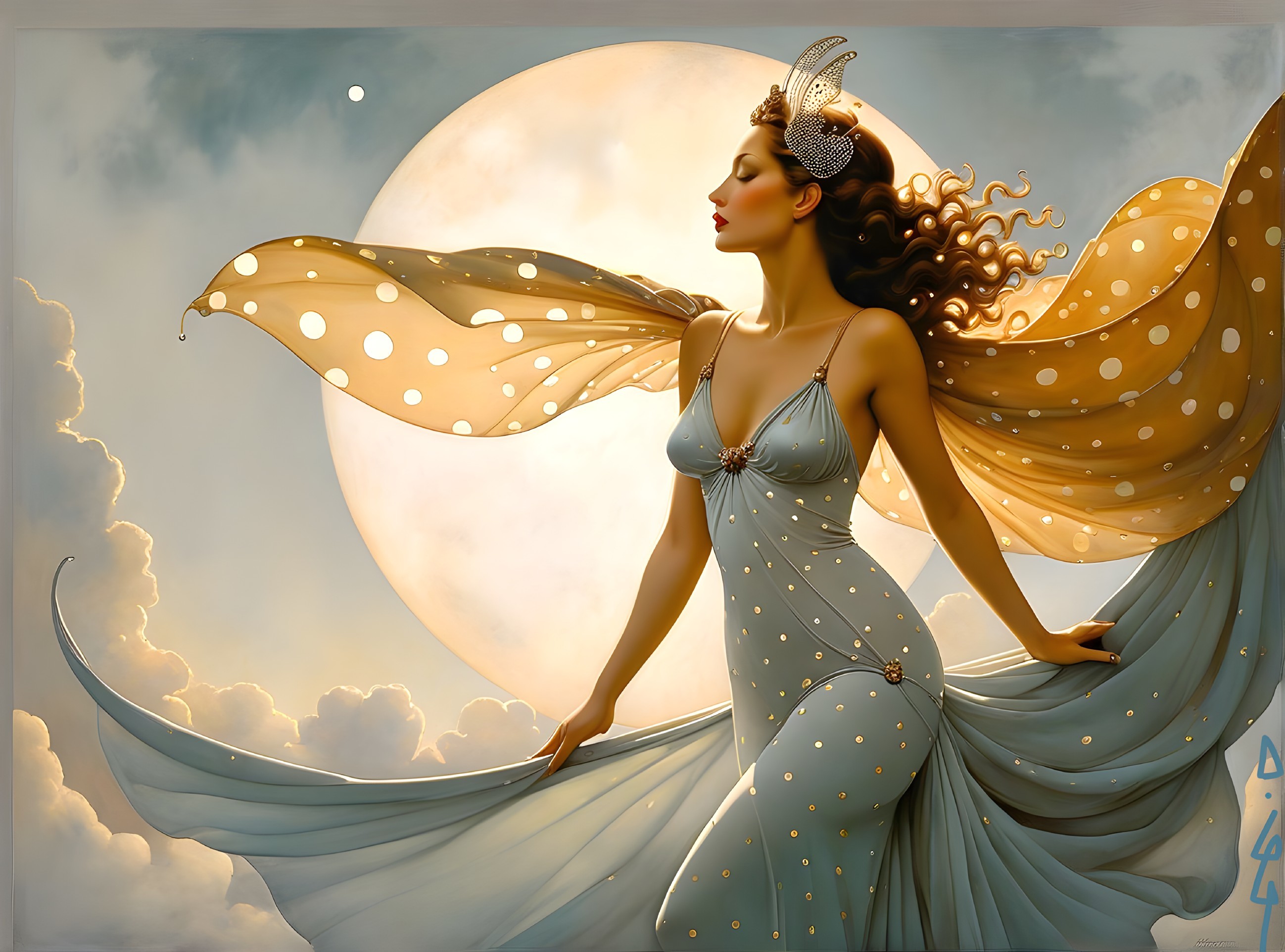 Ethereal figure in gown with moonlit clouds backdrop
