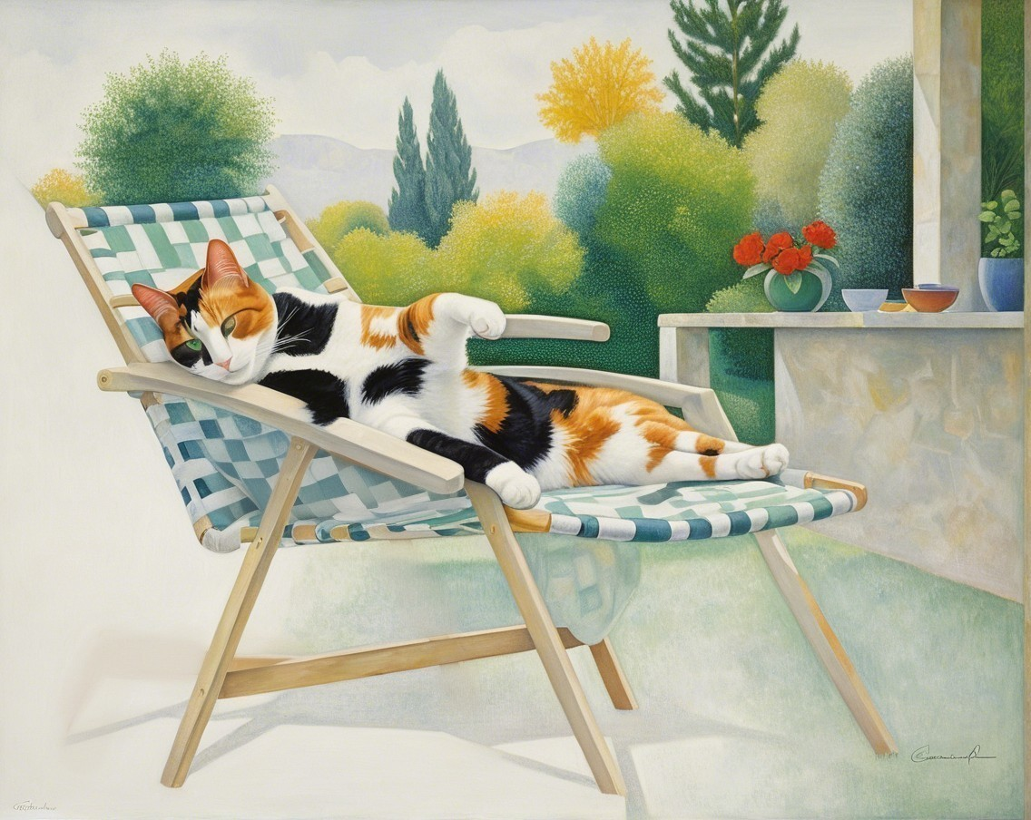 Calico Cat Relaxing on Striped Deck Chair Outdoors