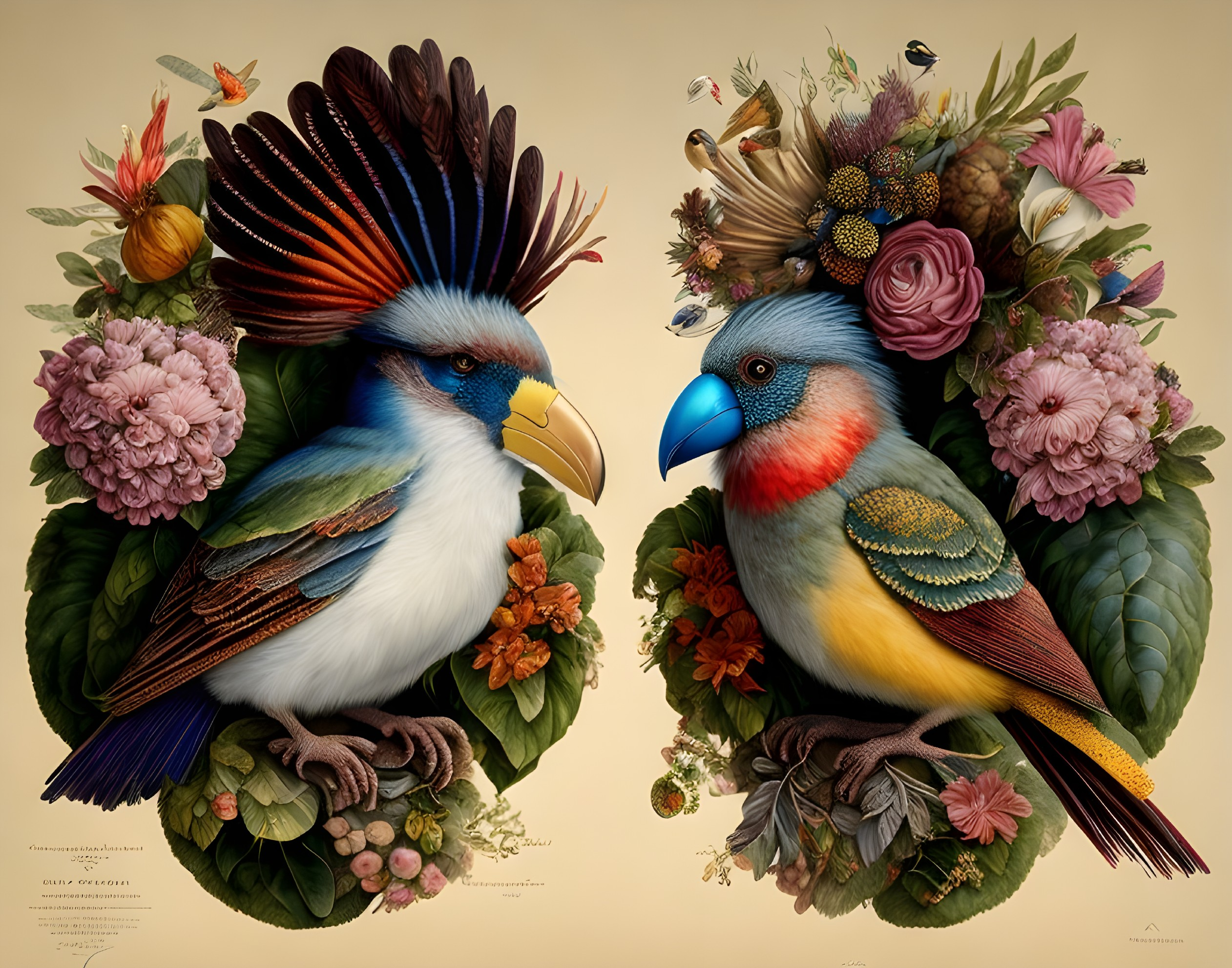 Vividly Colored Fantastical Birds in Lush Greenery