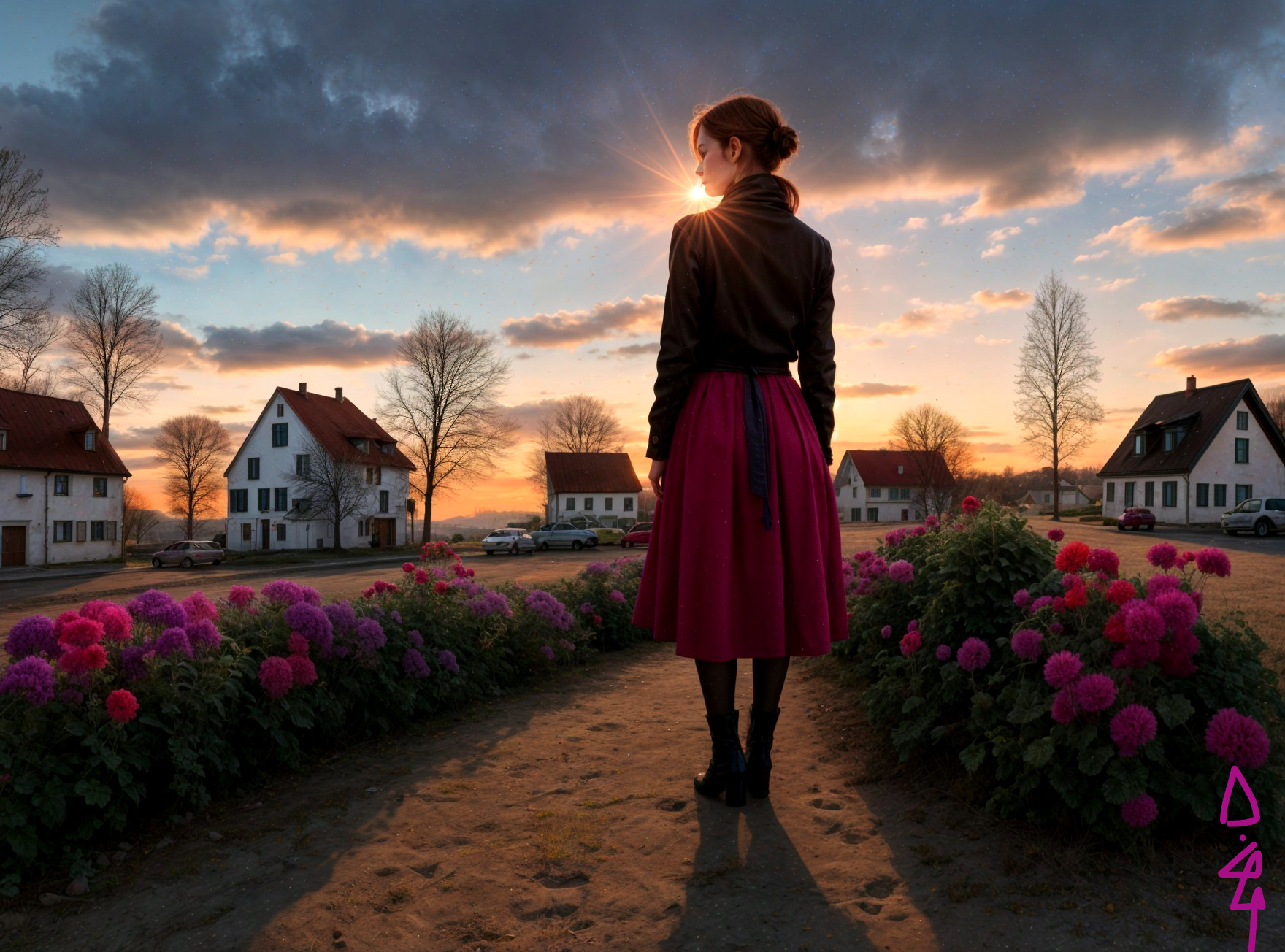 Woman in Black Jacket and Pink Skirt at Sunset