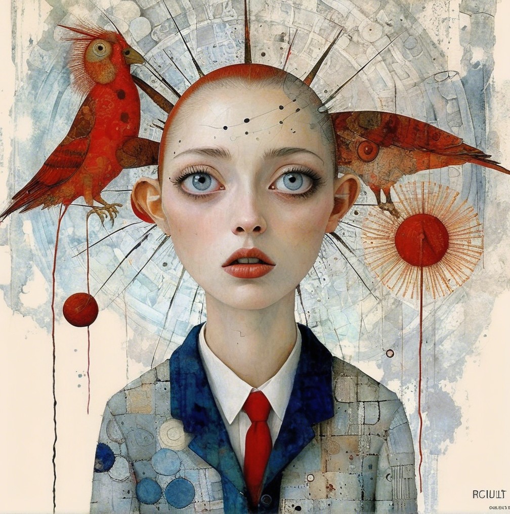 Androgynous Figure Surrounded by Red Birds and Abstracts