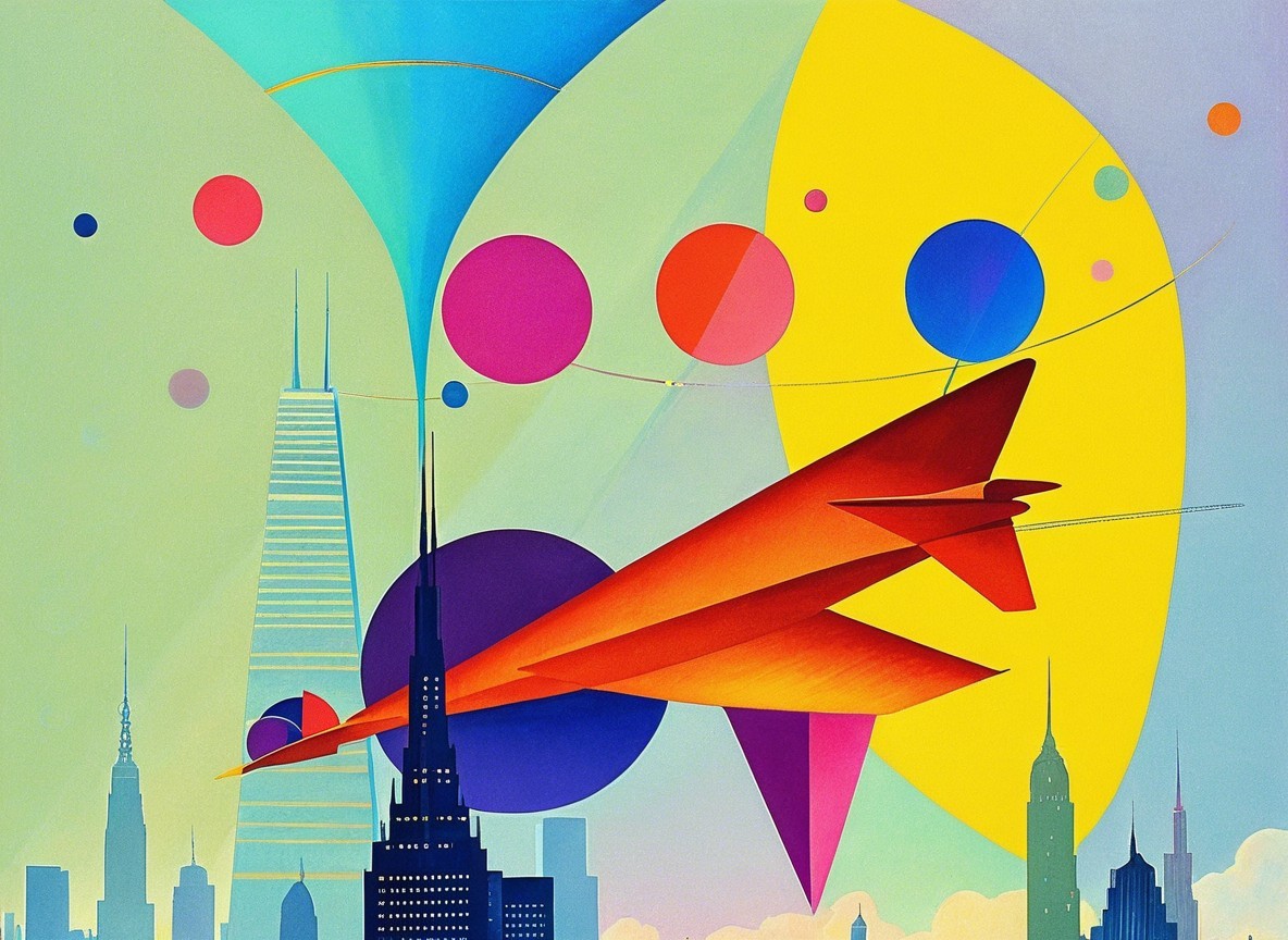 Vibrant City Skyline with Dynamic Aircraft and Colors
