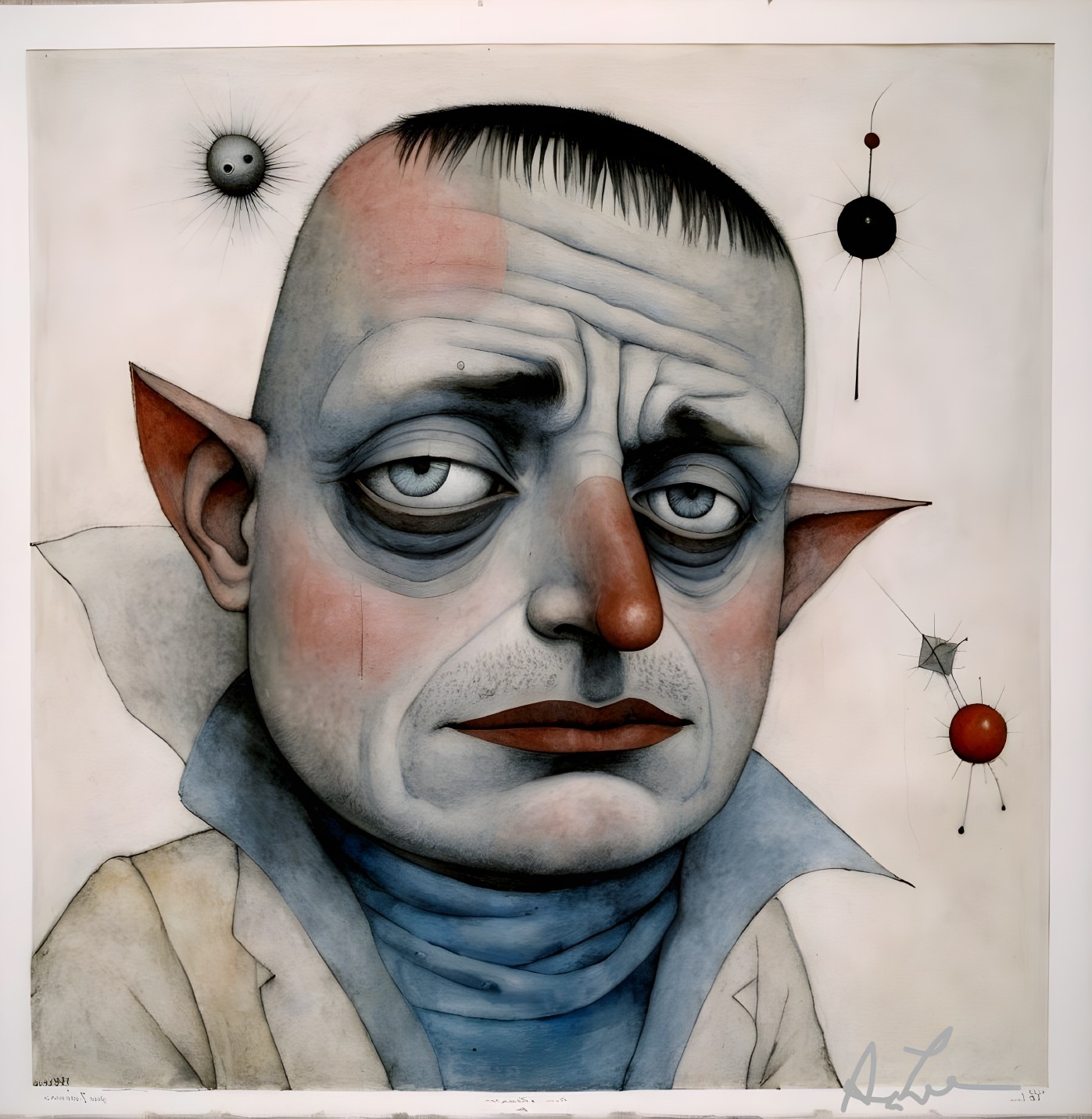 Stylized Portrait of a Somber Man with Celestial Background
