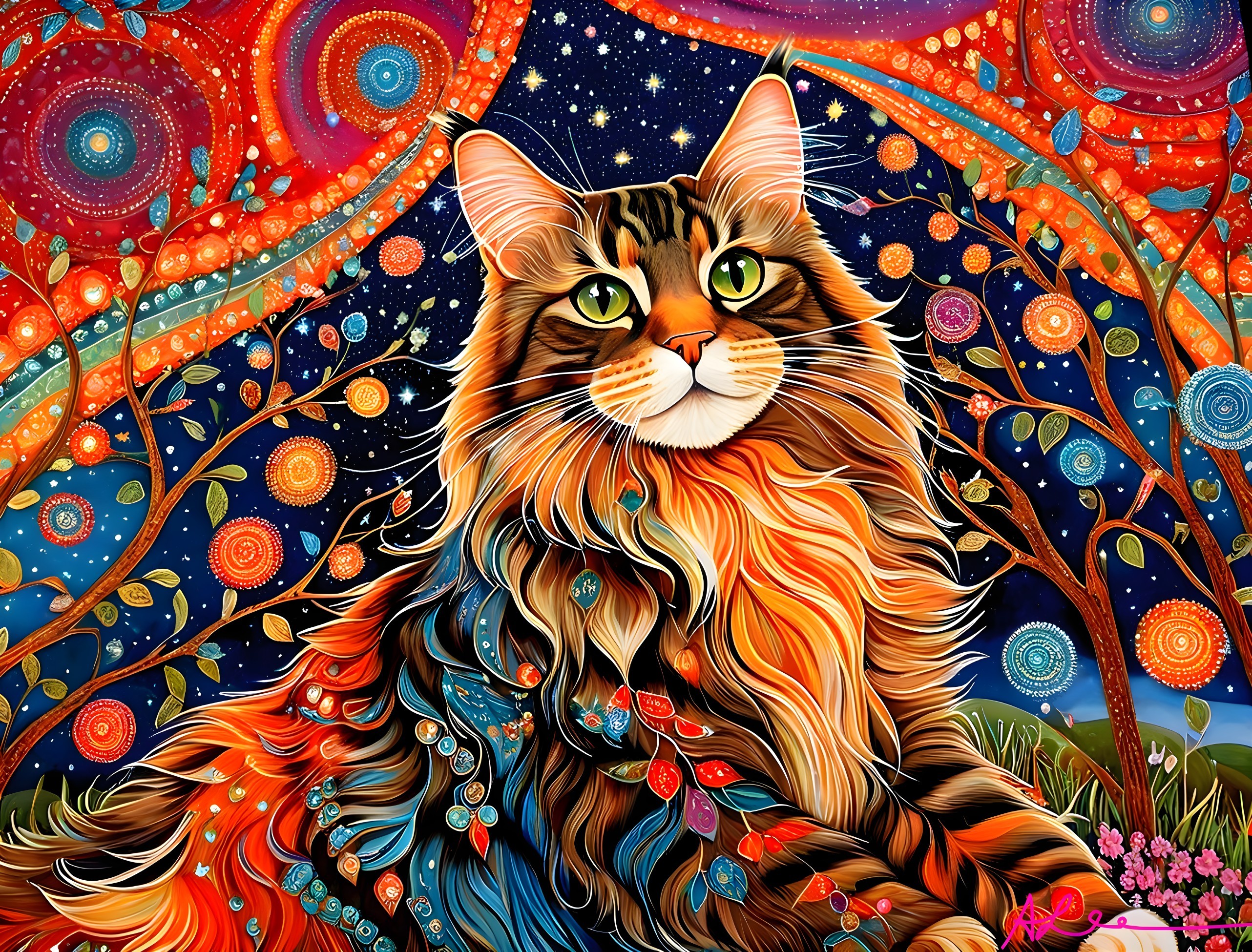 Colorful Illustration of a Majestic Cat in Night Sky