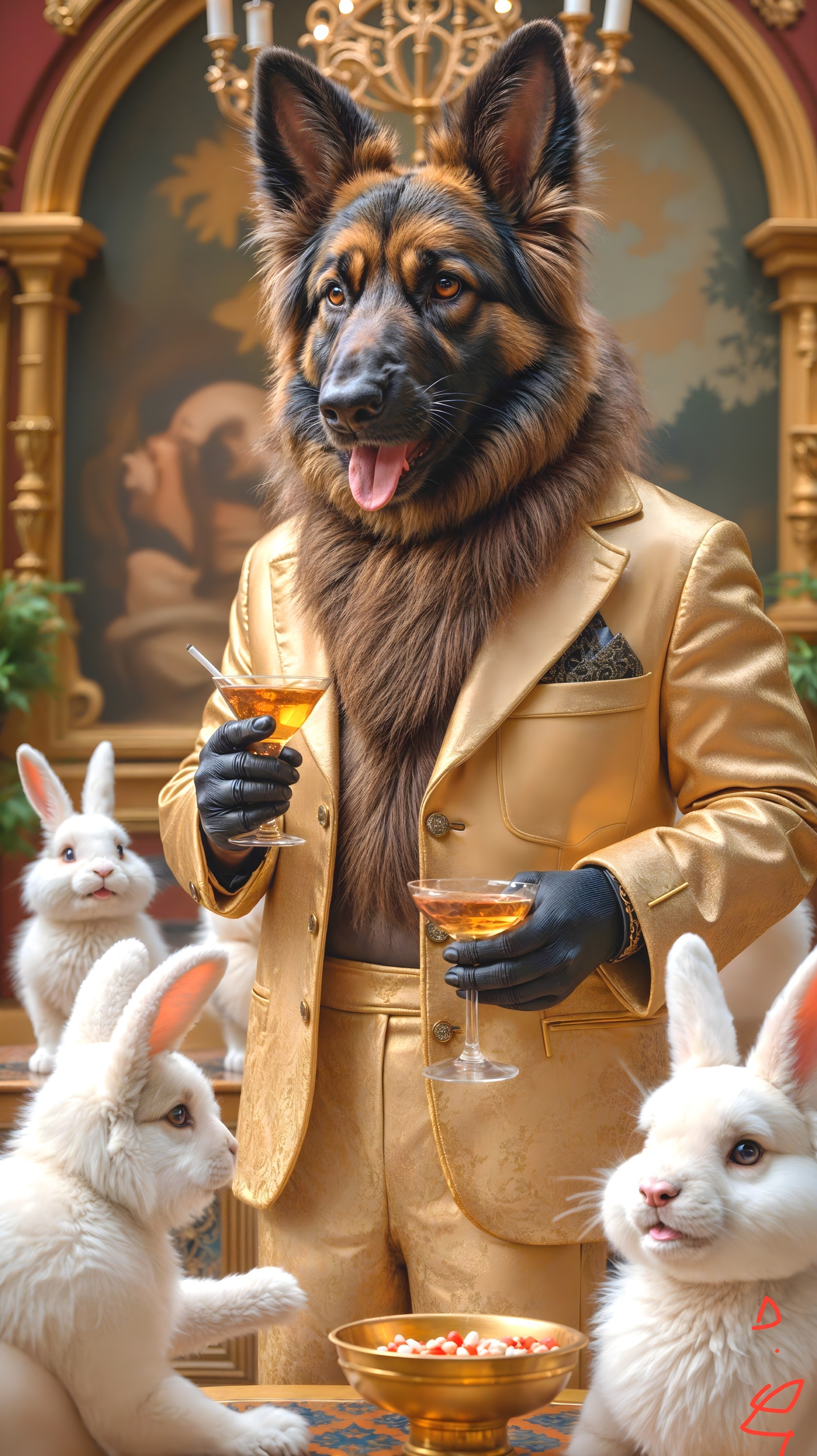 German Shepherd in Gold Suit with Fluffy Rabbits