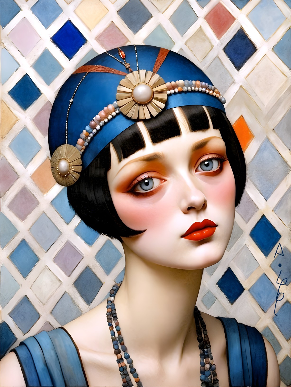 Fashionable Woman with Bob Haircut and Blue Hat