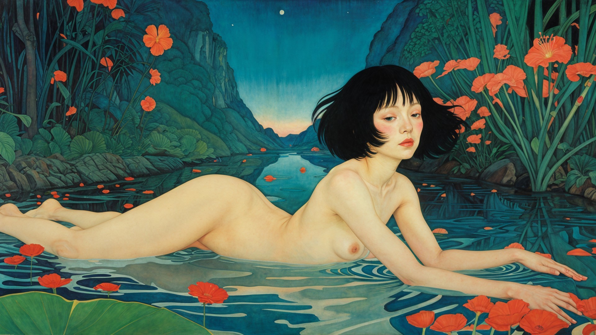 Young Woman Floating in a Tranquil River Scene