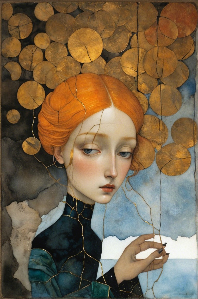 Melancholic Woman with Orange Hair and Golden Circles