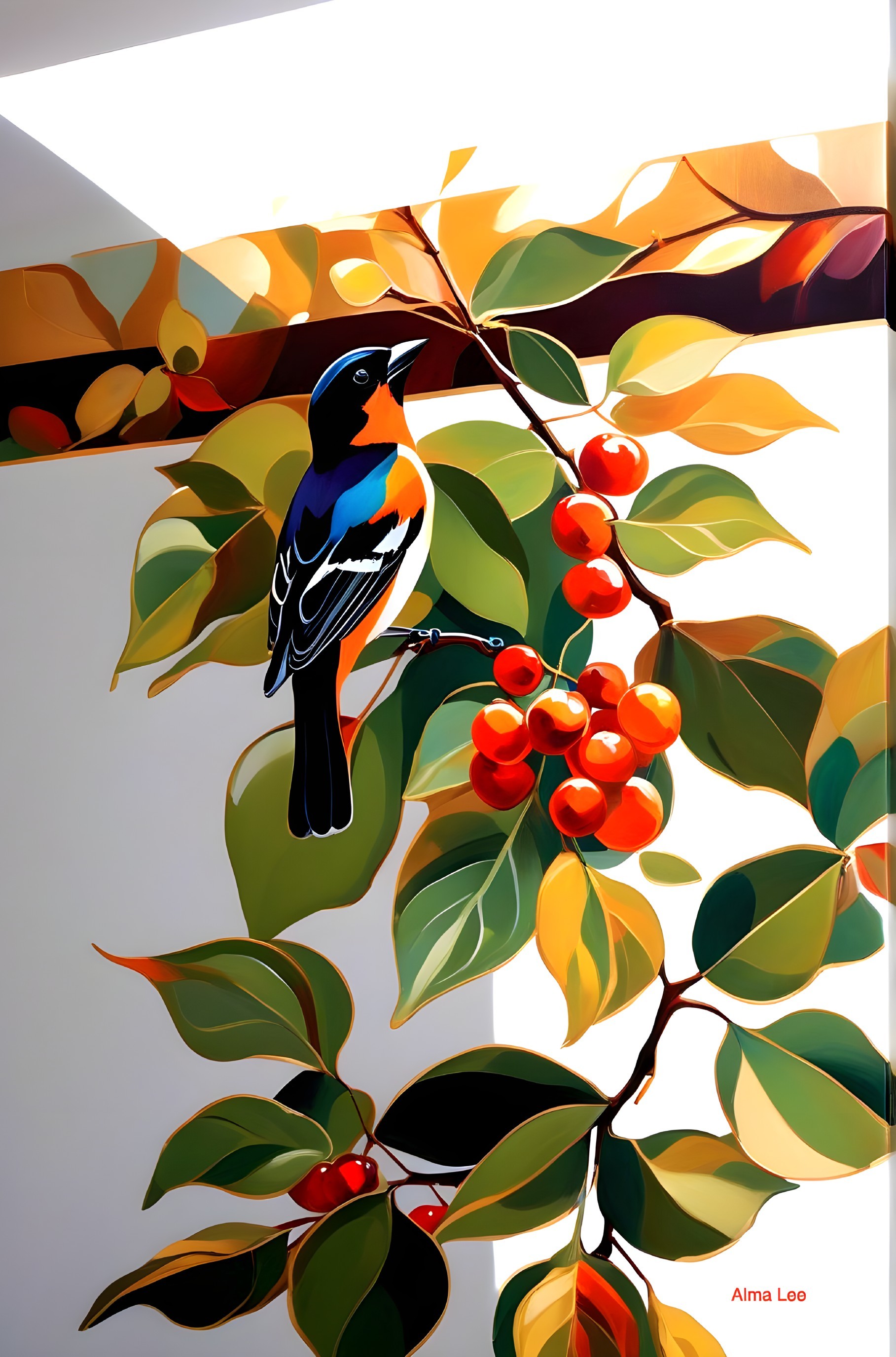 Vibrant Artwork of a Black Bird Among Green Leaves