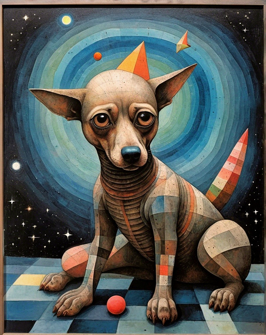 Stylized Dog Illustration with Cosmic Background