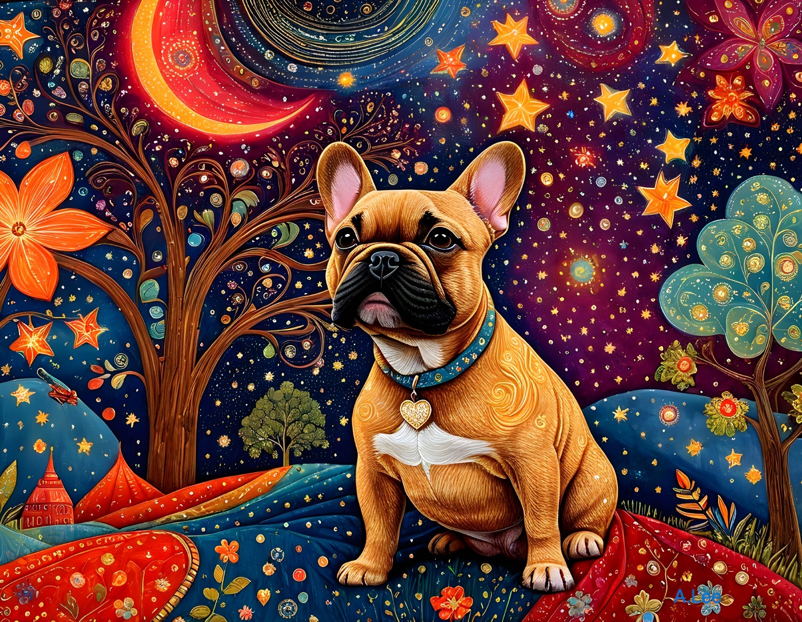 Vibrant French Bulldog in Whimsical Cosmic Landscape