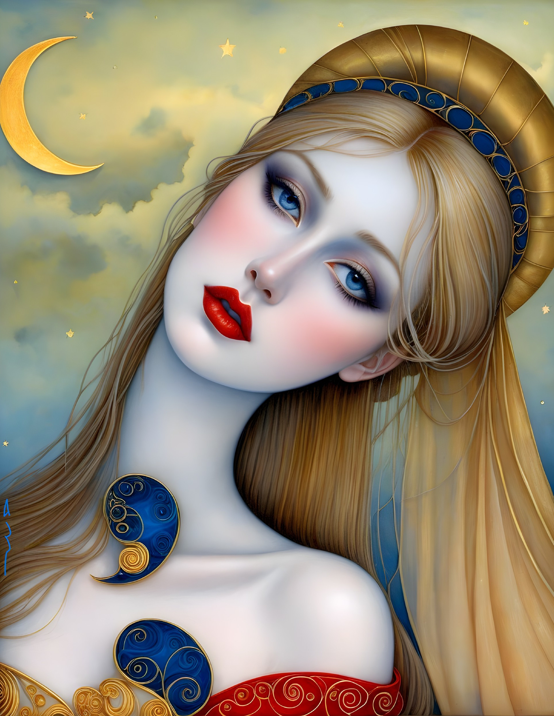 Ethereal Woman in Colorful Attire with Moon and Clouds