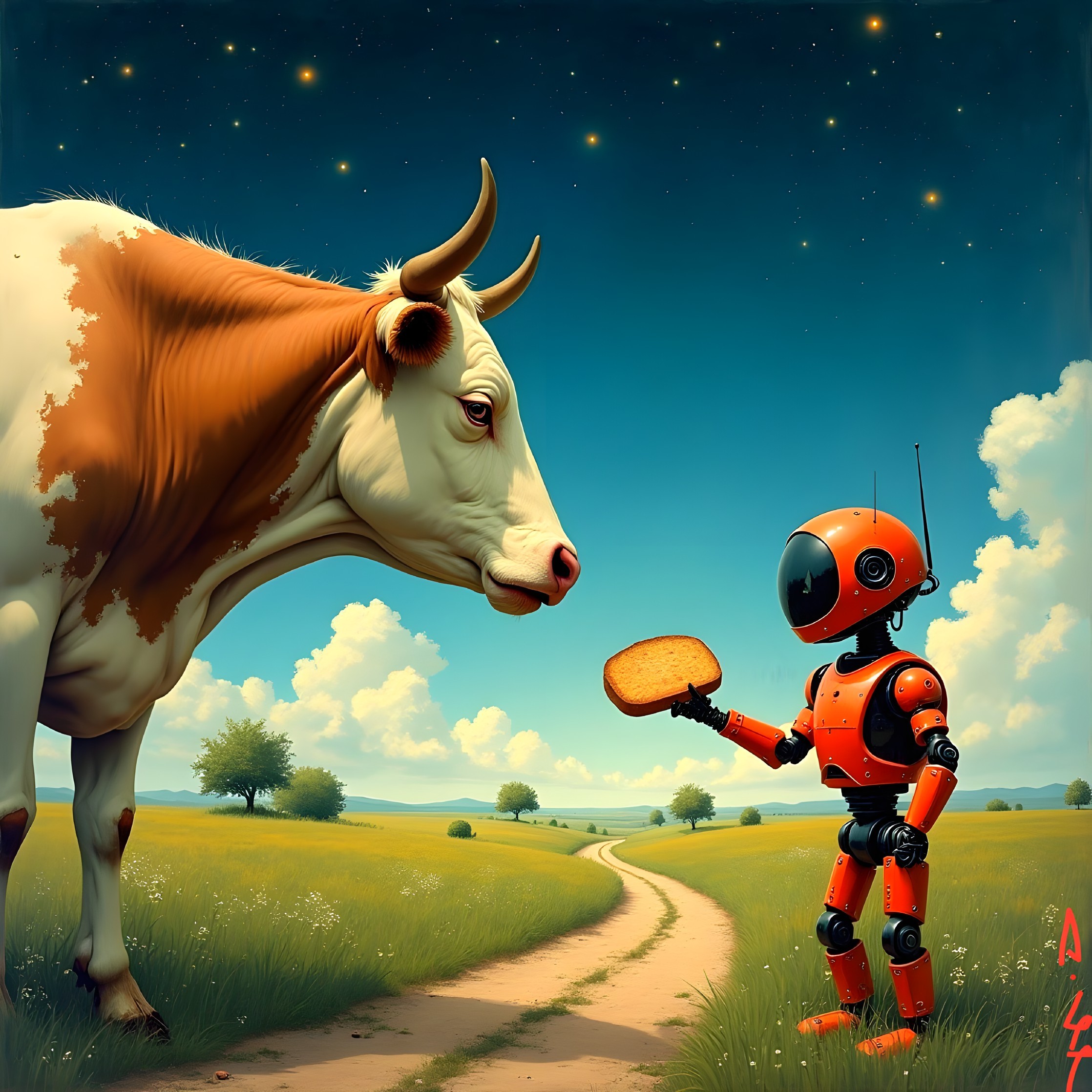 Robot Offering Bread to Cow in Countryside Scene