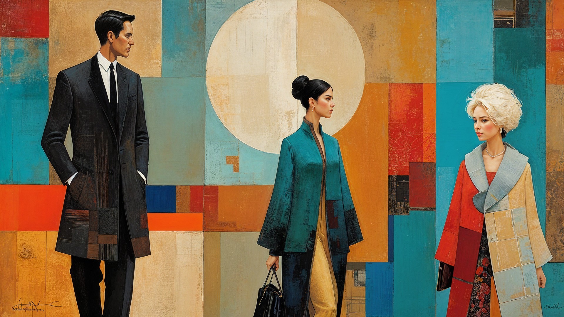 Stylish Figures in Vibrant Geometric Patterns