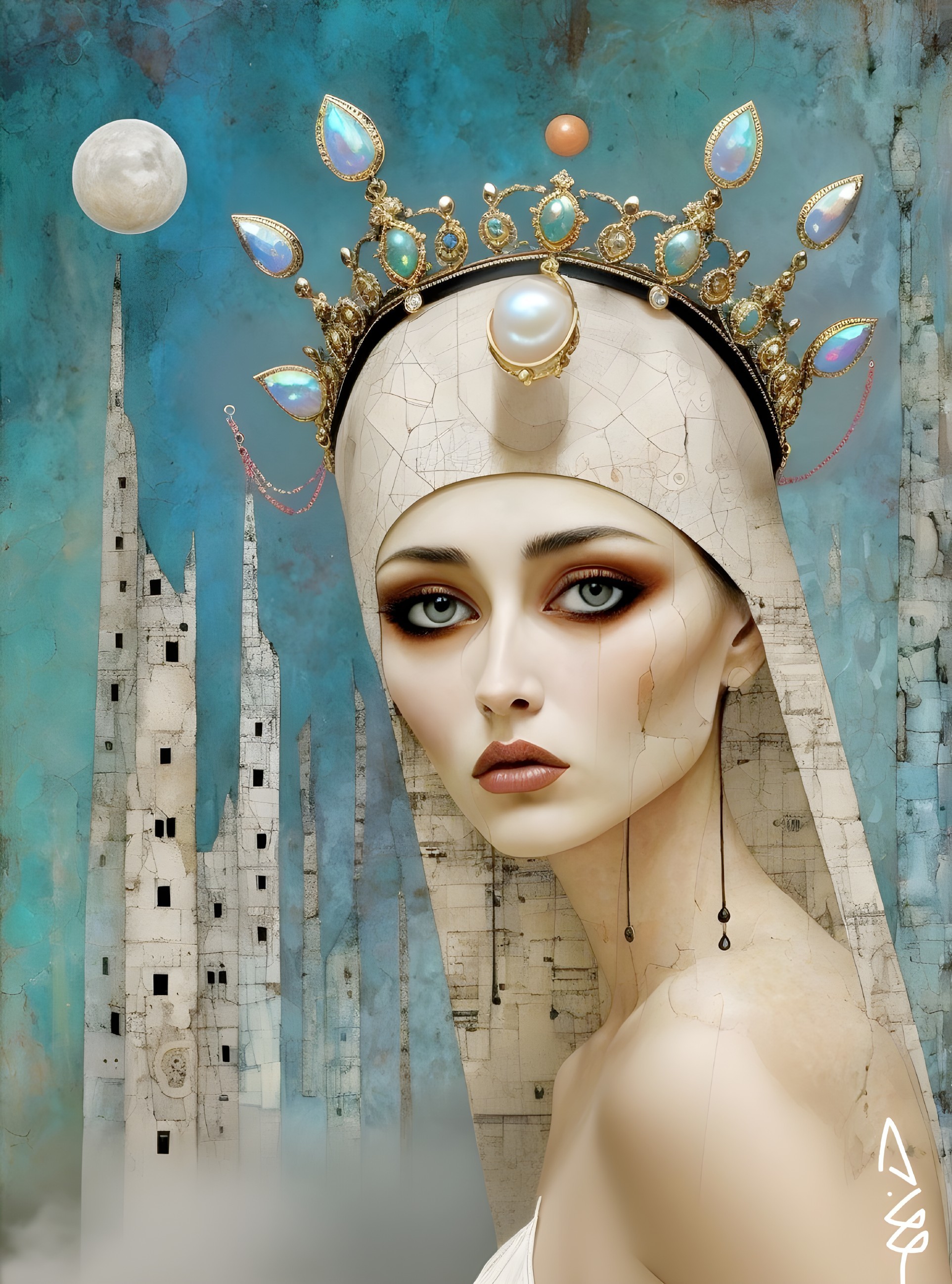 Portrait of a woman with a pearl and turquoise crown