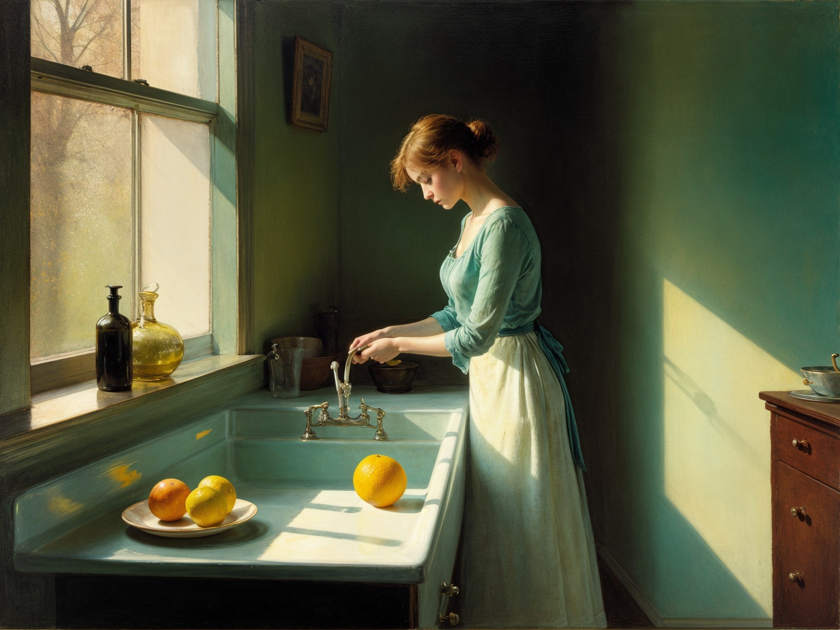 Young Woman Washing Fruits in Sunlit Kitchen