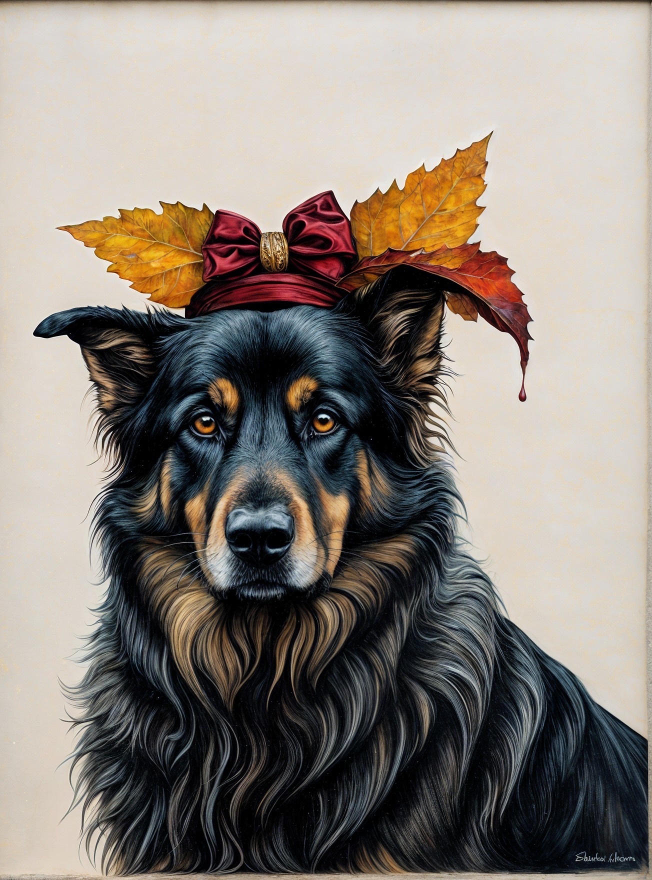 Black and tan dog with maroon hat and autumn leaves