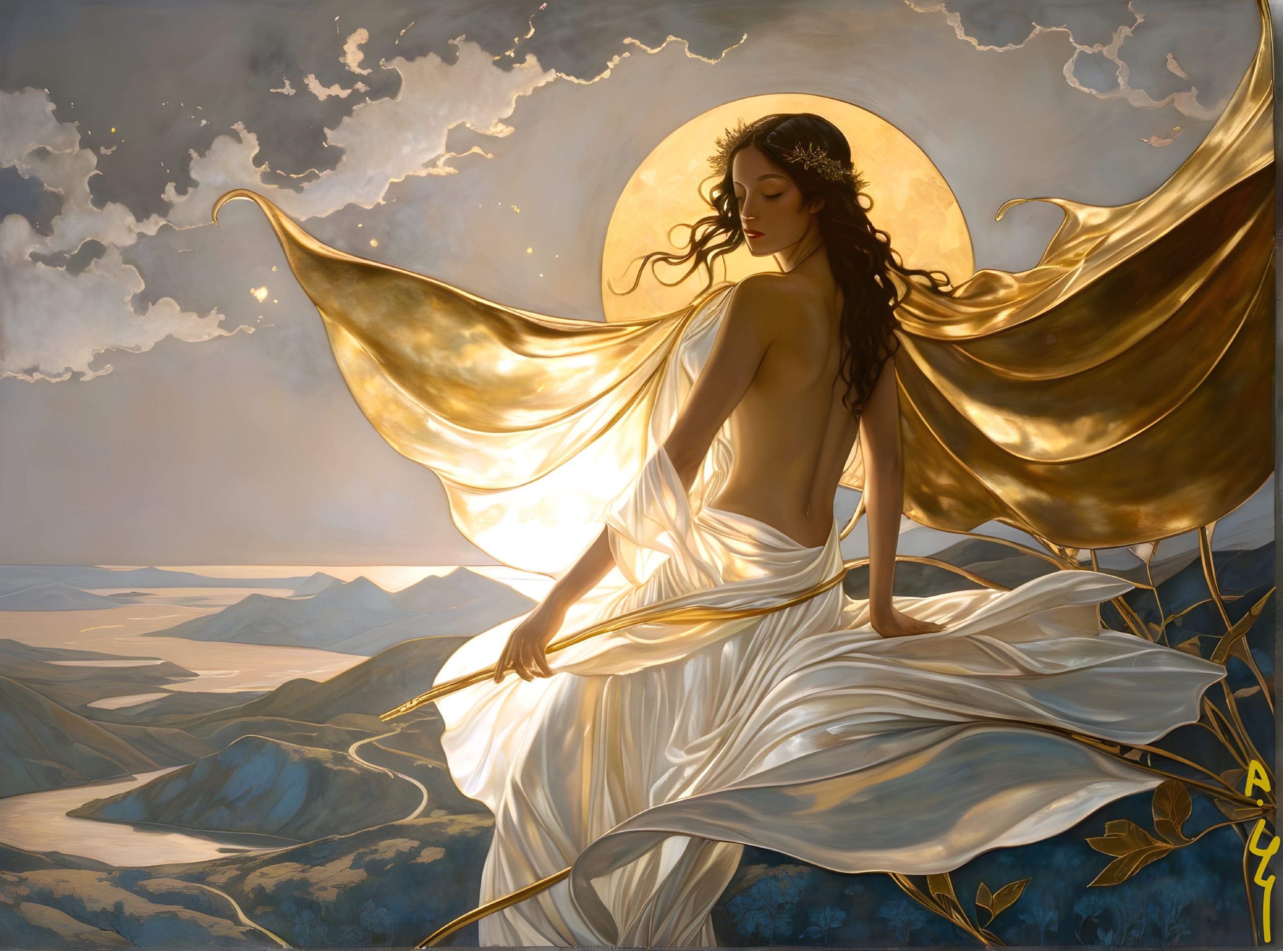 Serene Woman in Luminous Fabric Under Glowing Moon